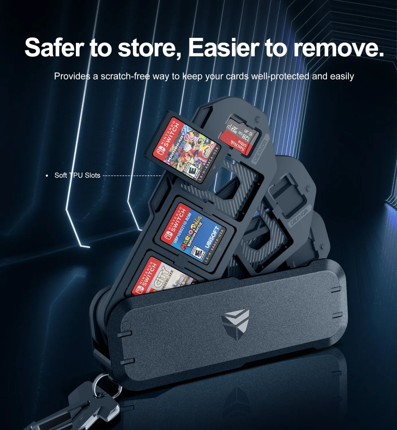 Dexnor Switch OLED astuccio 12 giochi nero con moschettone