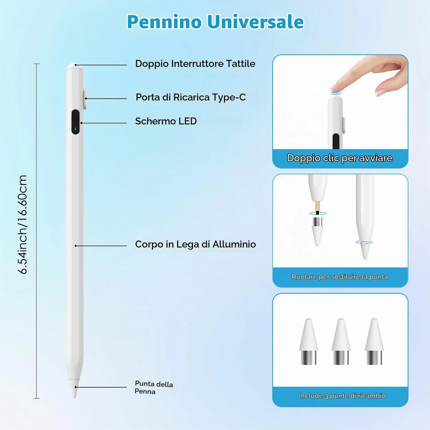 MoKo penna stilo universale touch bianca display batteria