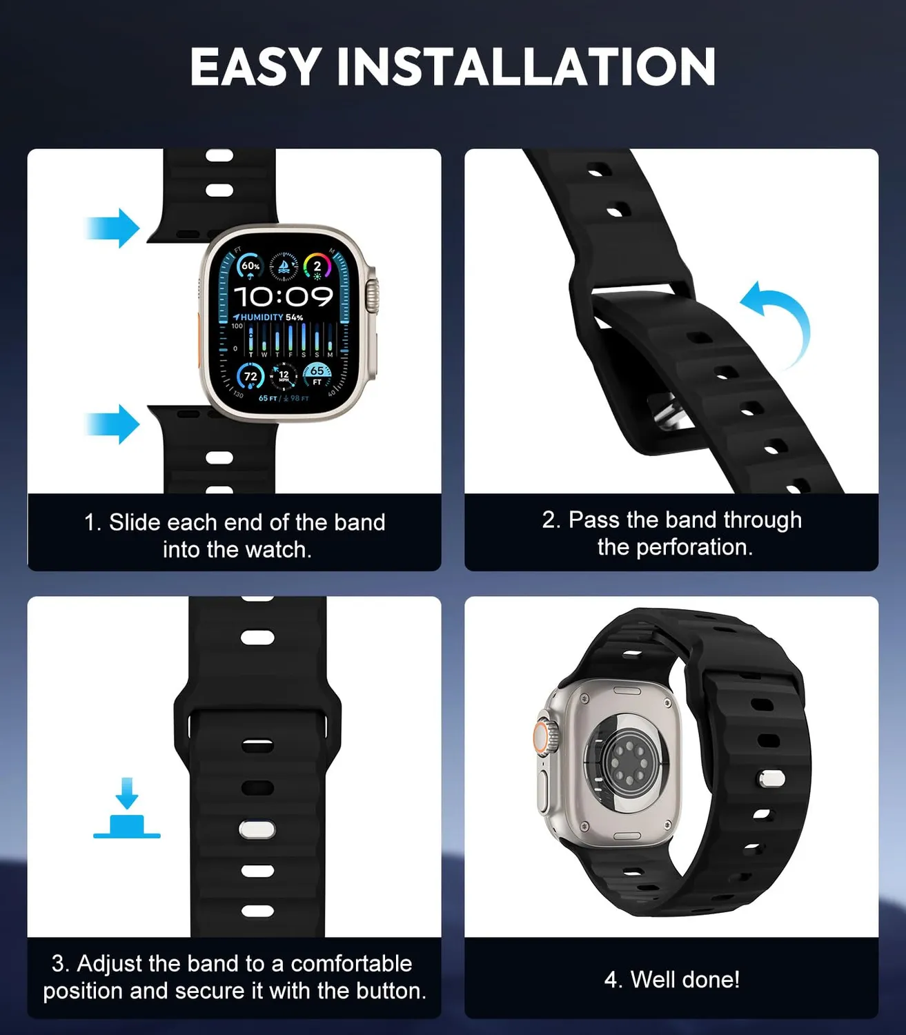 MoKo Cinturino Ocean Apple Watch 42/44/45/46/49mm Nero silicone