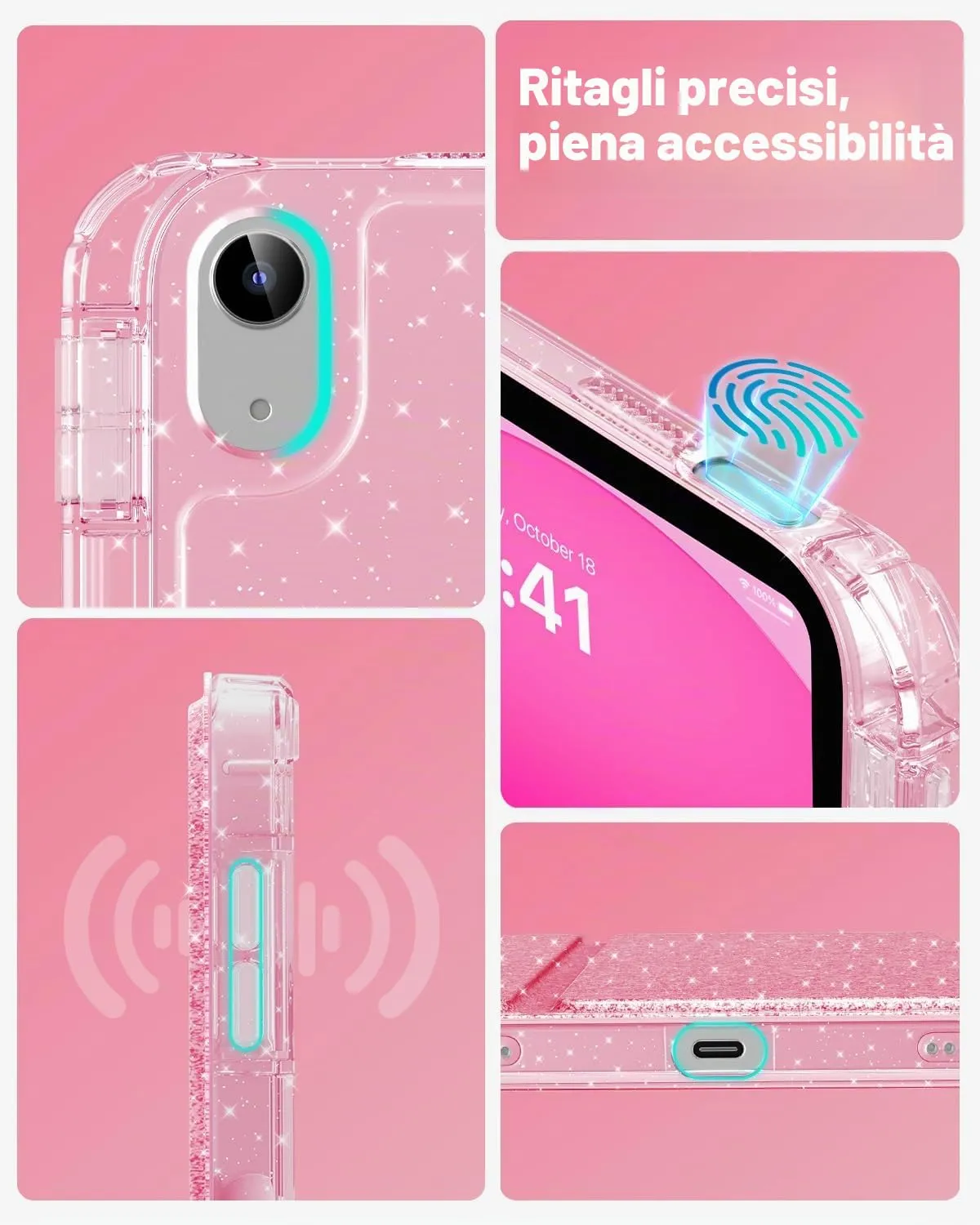 MoKo Cover iPad A16 11" e 10ª Gen 10,9" Rosa Glitterato
