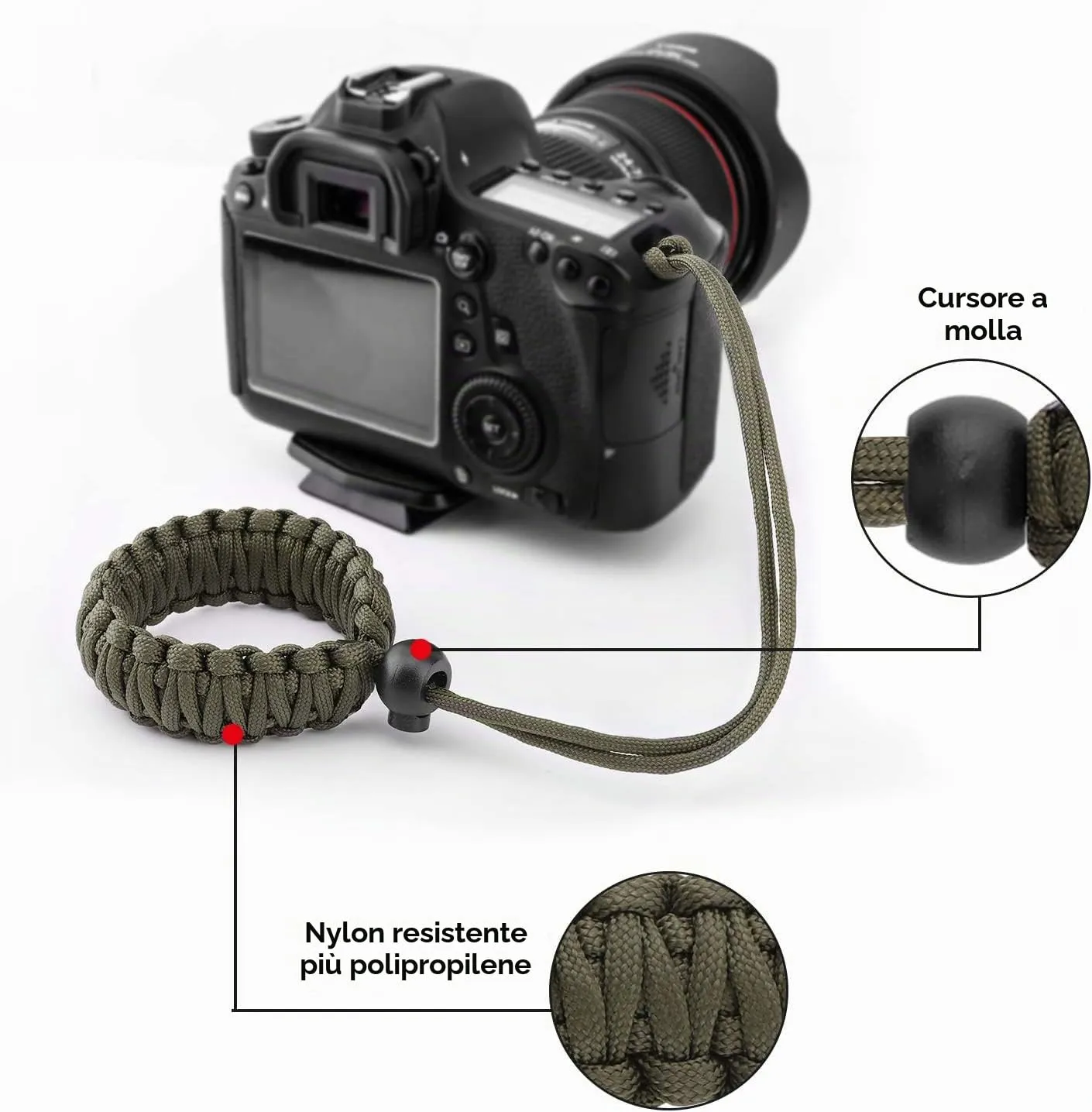 MoKo Cinturino Polso Fotocamera Reflex Nero Verde cotone