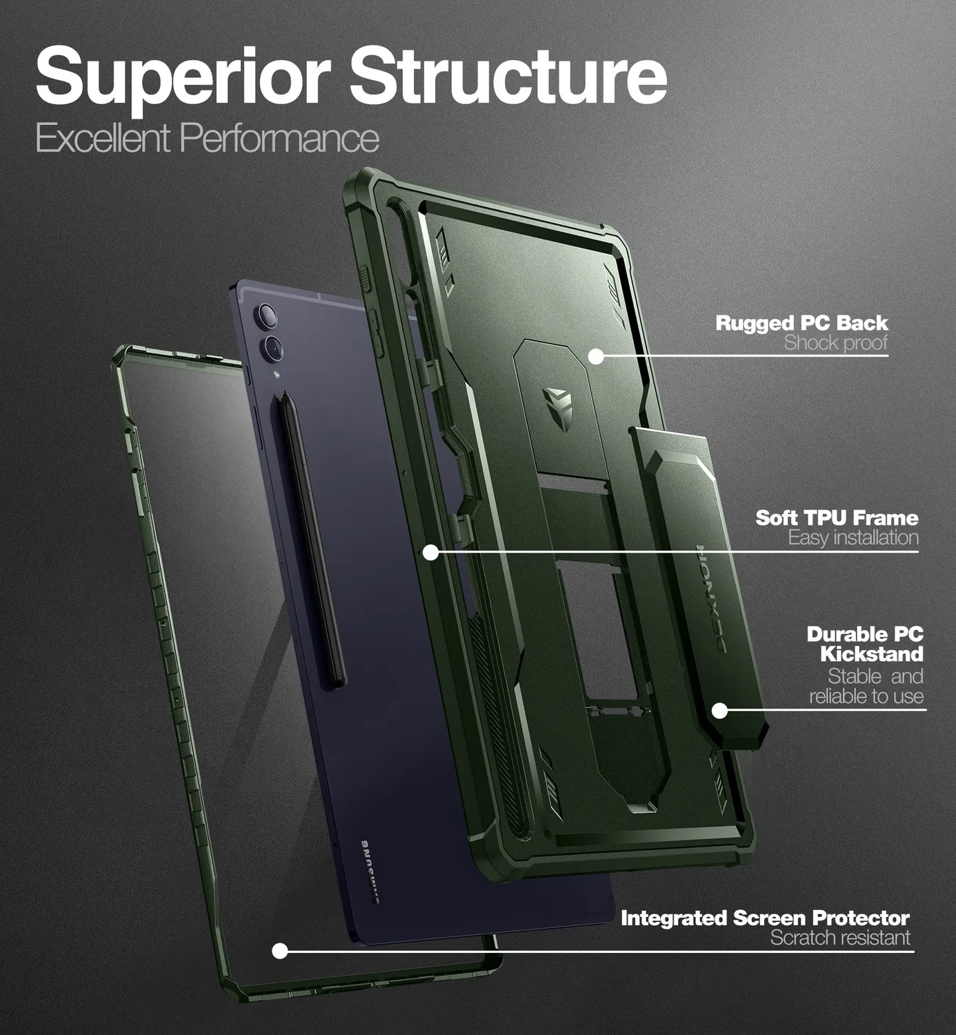 Dexnor Galaxy Tab S9 Ultra custodia rugged verde antishock