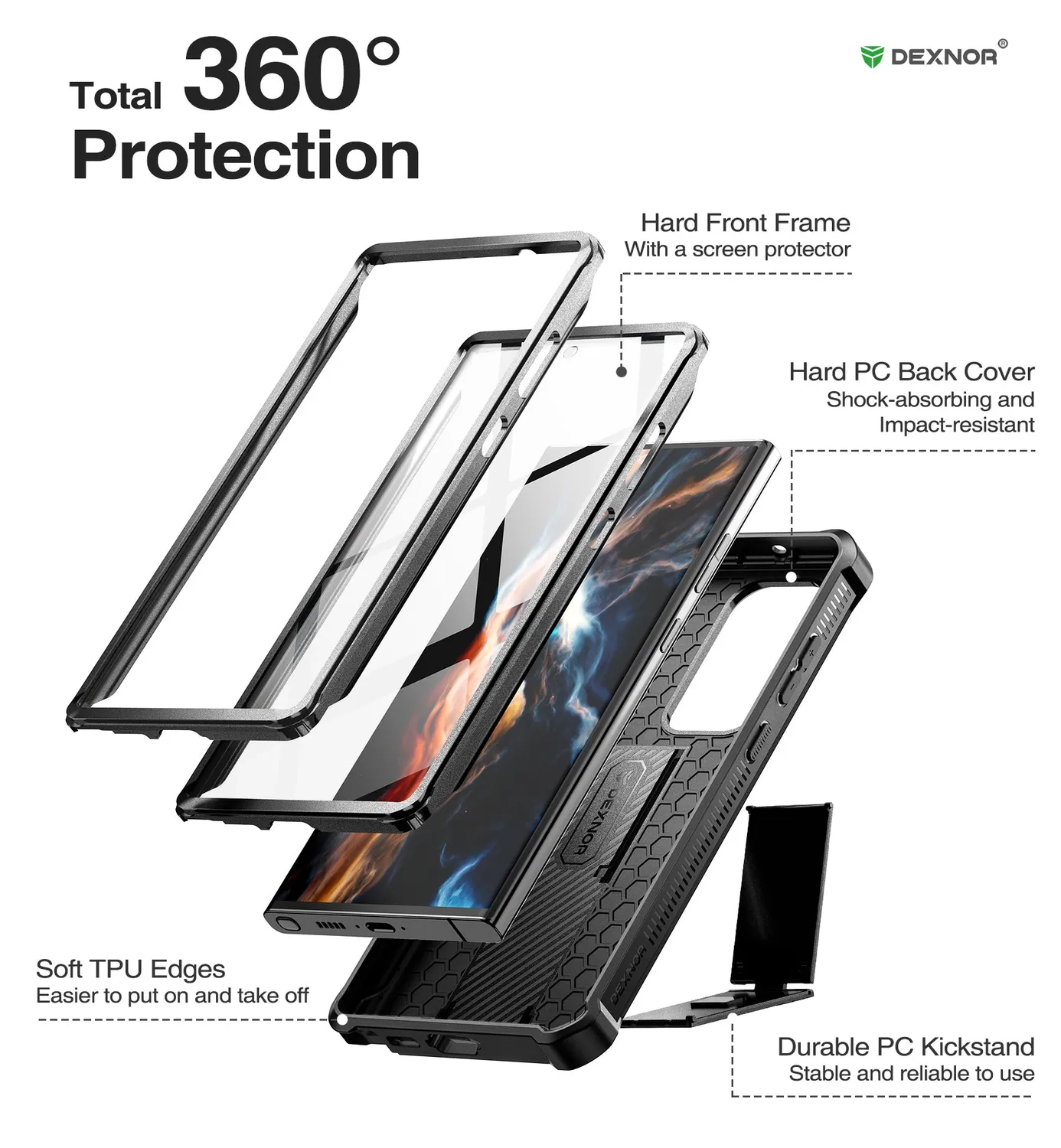 Dexnor Galaxy S23 Ultra cover nera antiurto con supporto