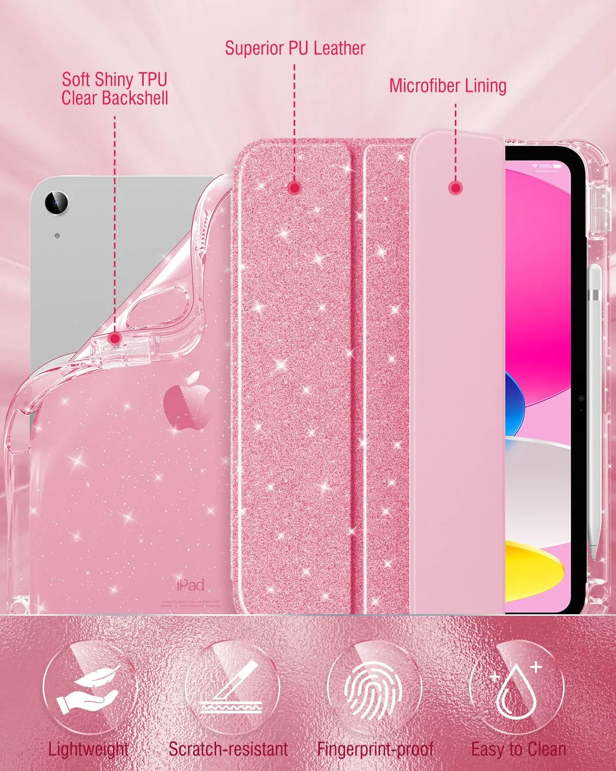 MoKo Cover iPad A16 11" e 10ª Gen 10,9" Rosa Glitterato