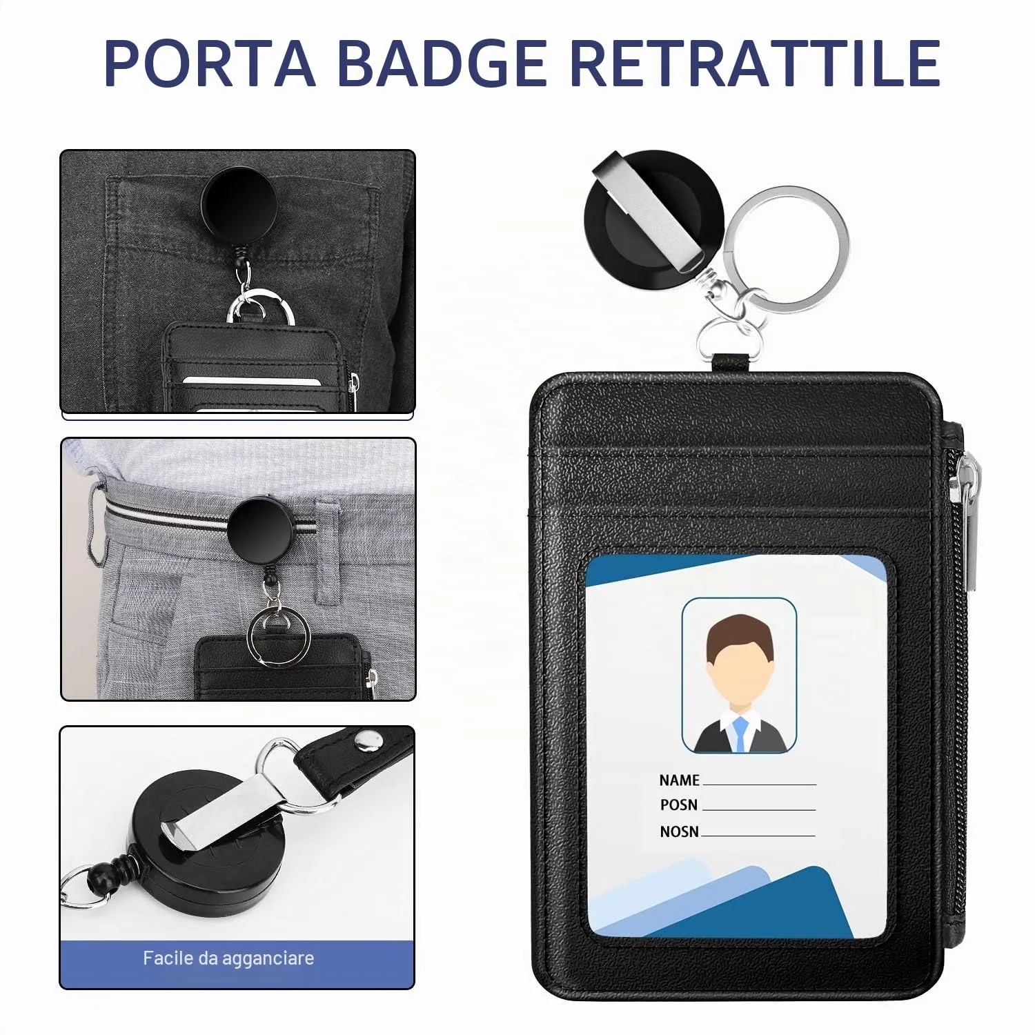 MoKo Porta badge pelle PU nero con zip retrattile
