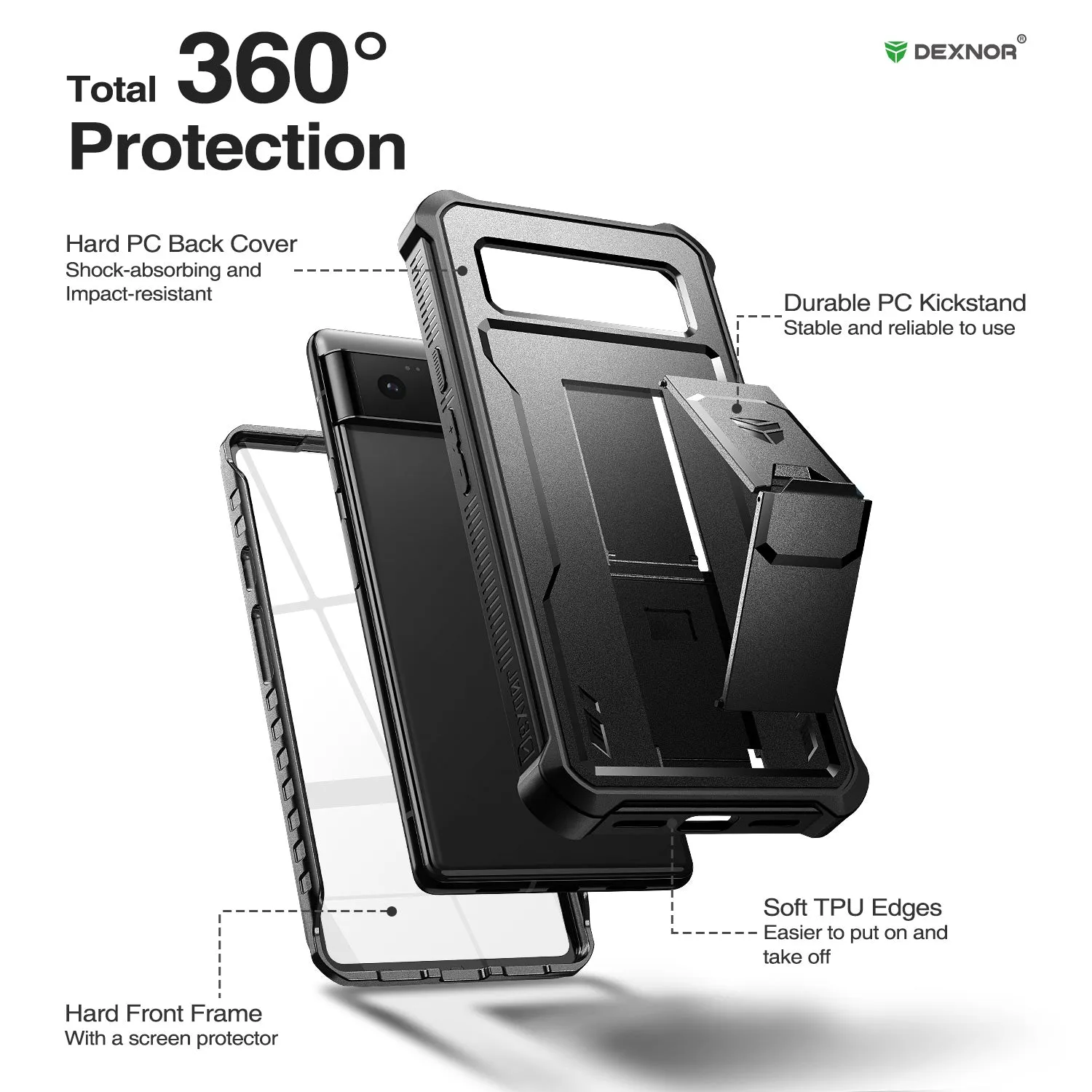 Dexnor Pixel 6 custodia nera rugged con stand e pellicola