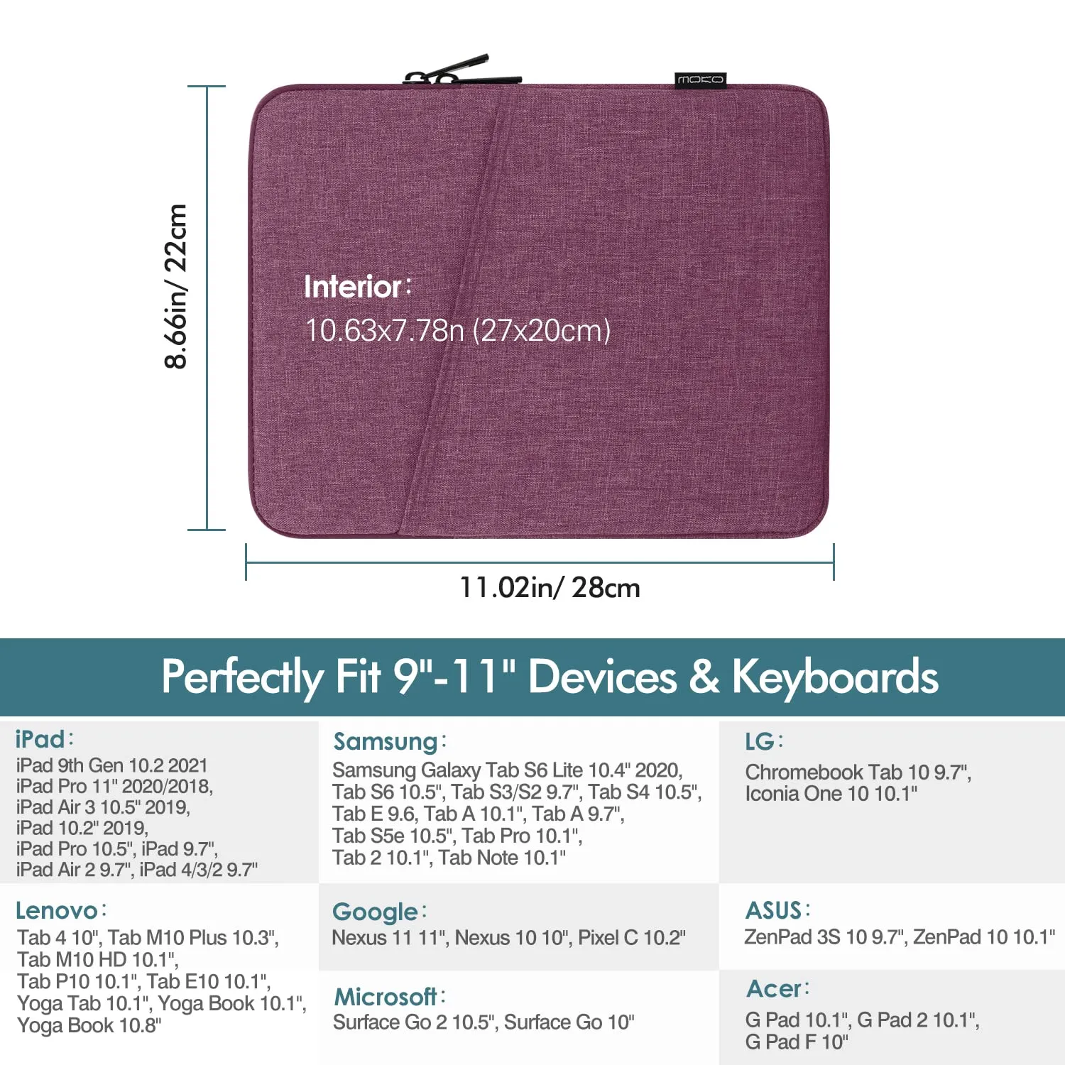 MoKo Custodia Tablet 9-11" Viola con Tasca e Zip