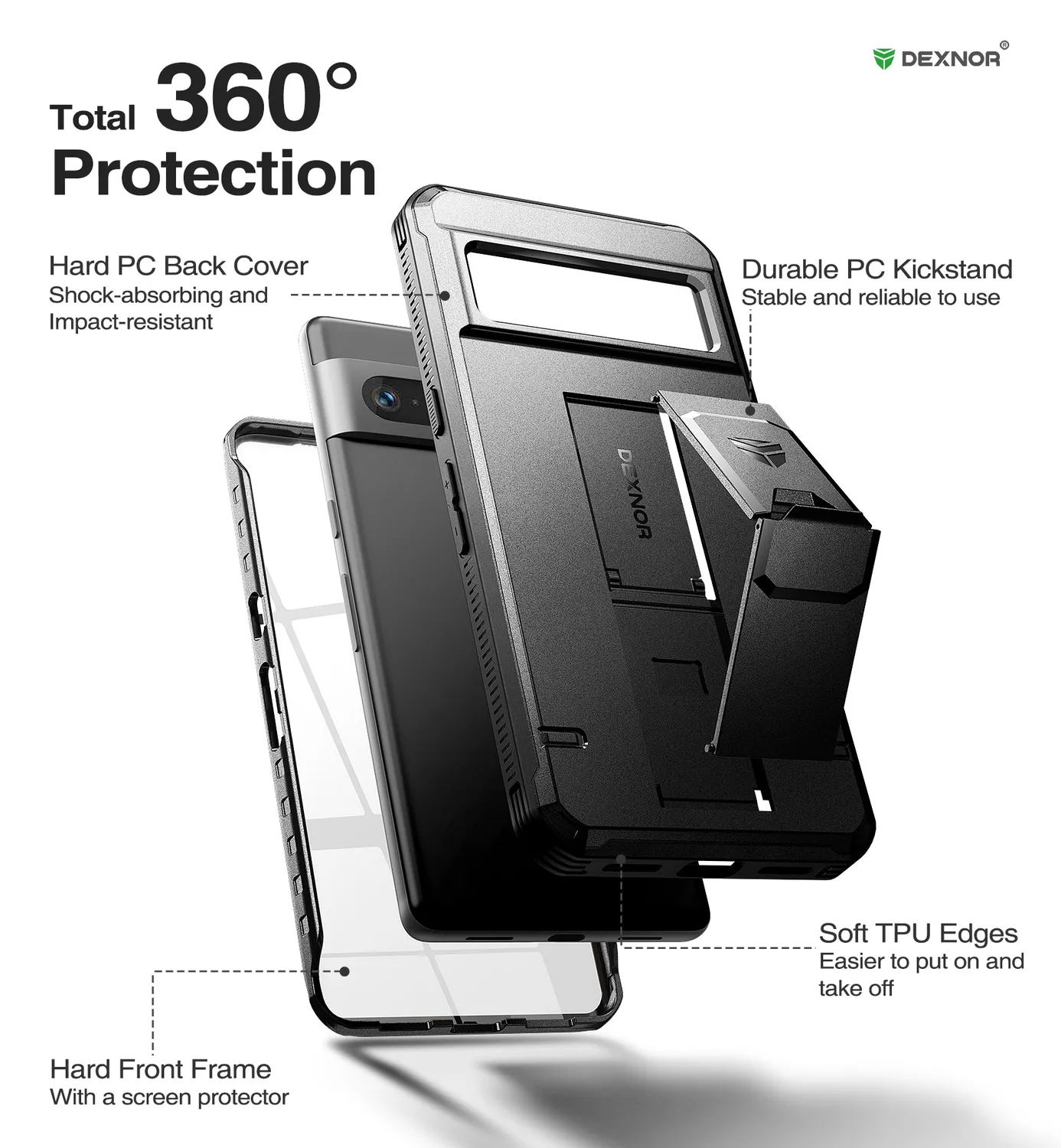 Dexnor cover Pixel 7 Pro nera rugged con pellicola