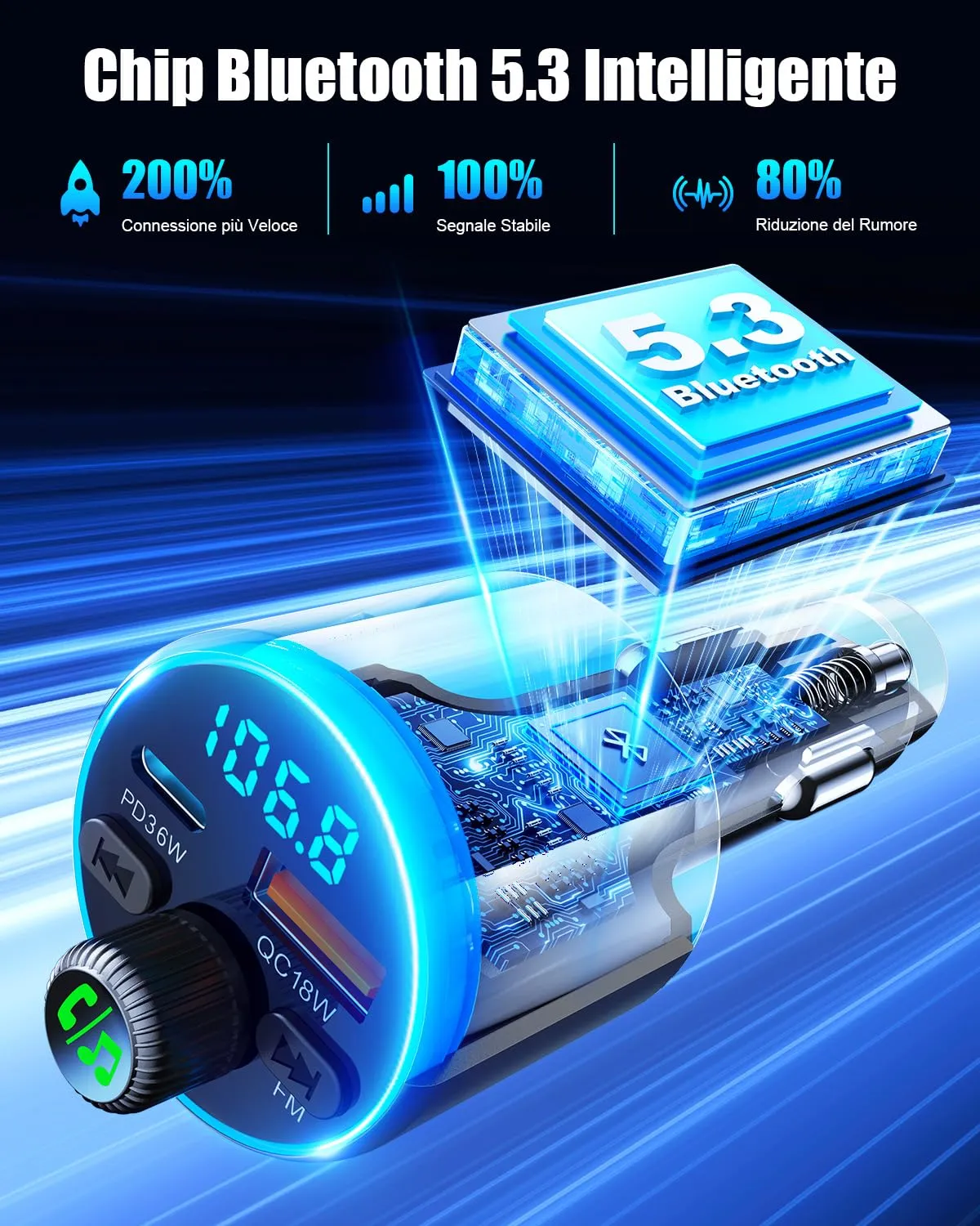 EOIWUY BC19 Trasmettitore FM Bluetooth Auto 54W PD