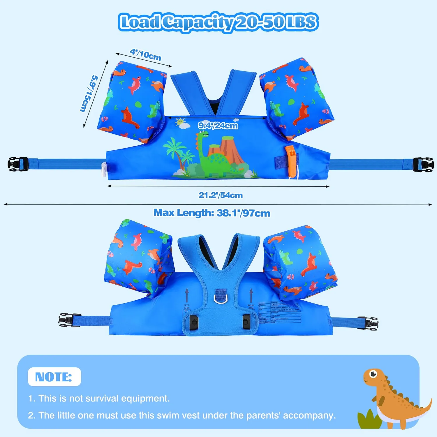 MoKo gilet nuoto bambini dinosauri blu 20-50lbs