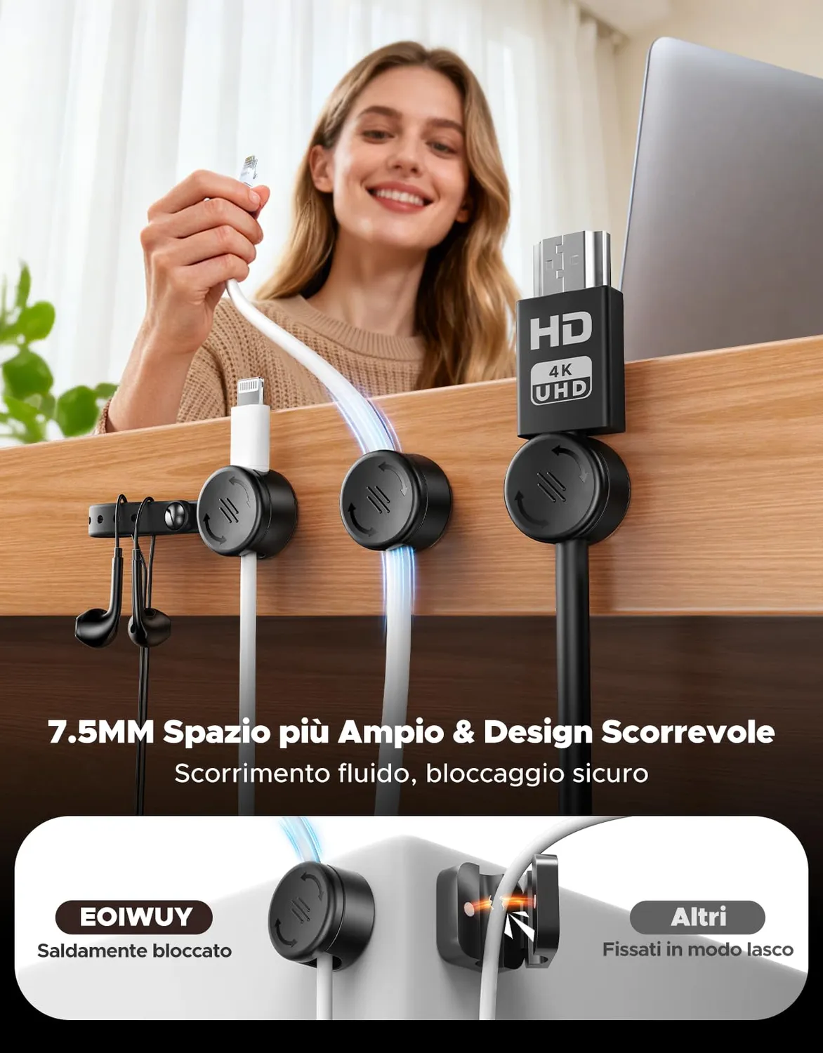 EOIWUY Fermacavi Adesivi 8 pezzi silicone magnetici neri