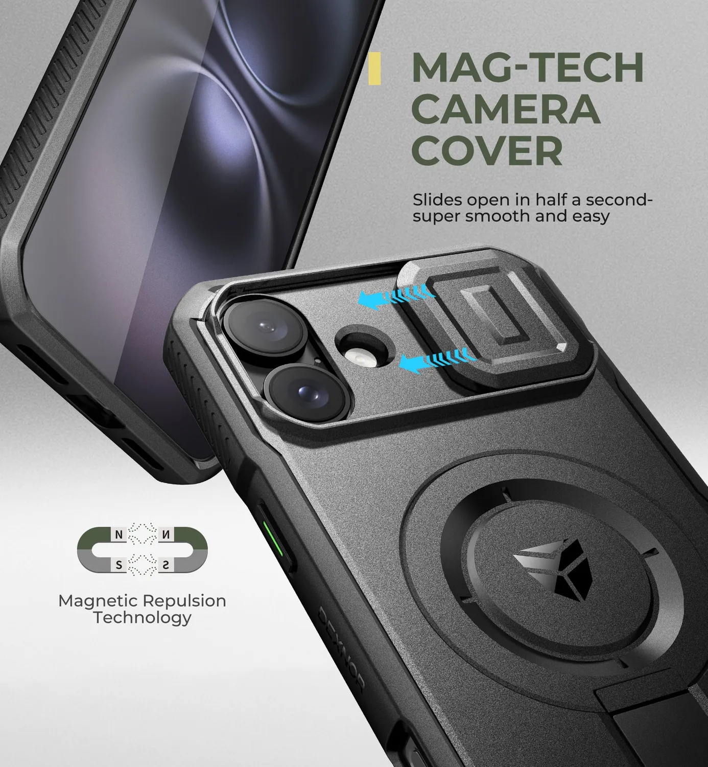 Dexnor iPhone 16 Plus cover nera antiurto cavalletto