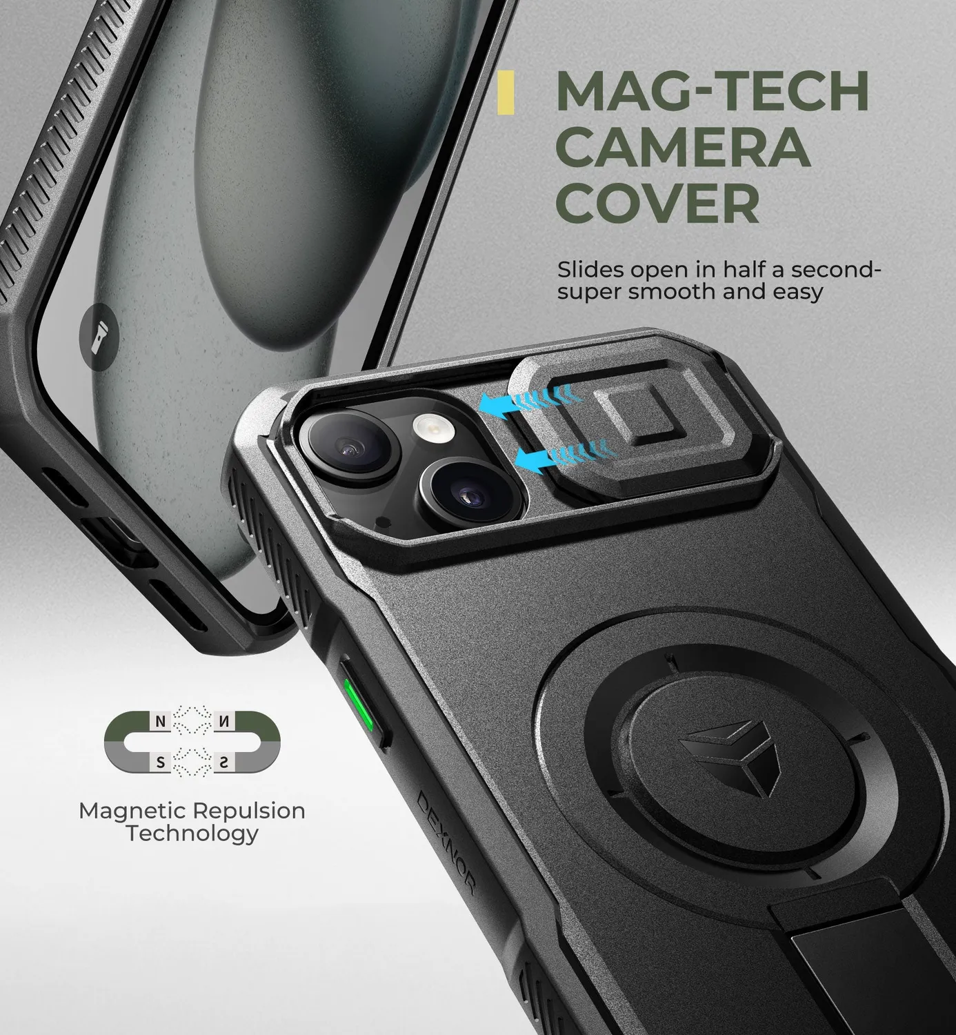 Dexnor iPhone 15 Plus cover nera MagSafe con stand camera