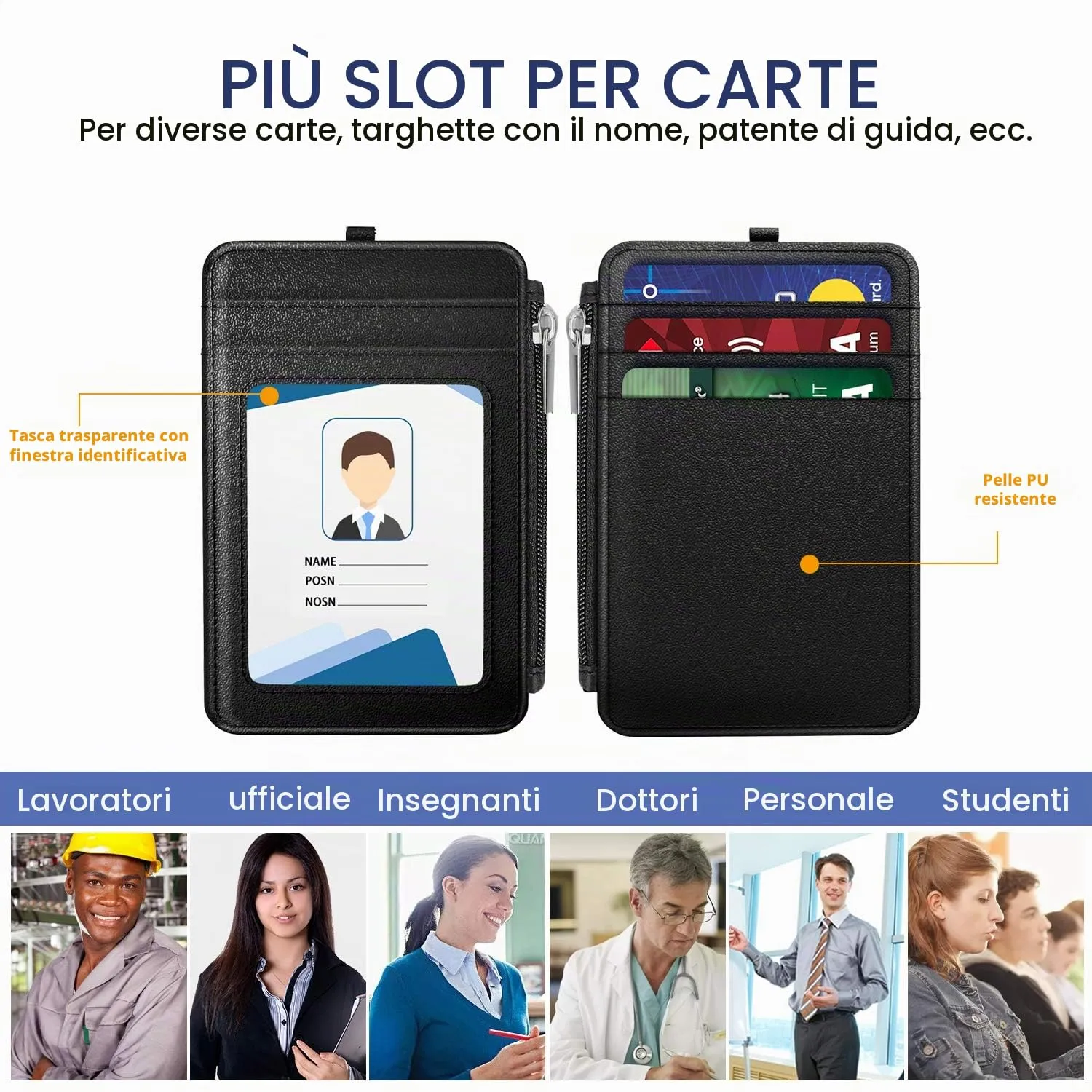 MoKo Porta badge pelle PU nero con zip retrattile