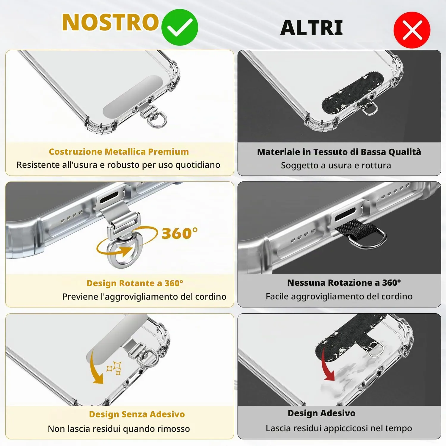 MoKo Tether Tab 360° Gancio Laccetto Telefono argento 6 pezzi inox