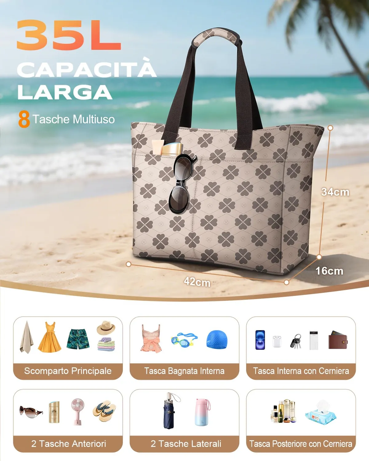 EOIWUY Quadrifoglio borsa mare donna 35L impermeabile