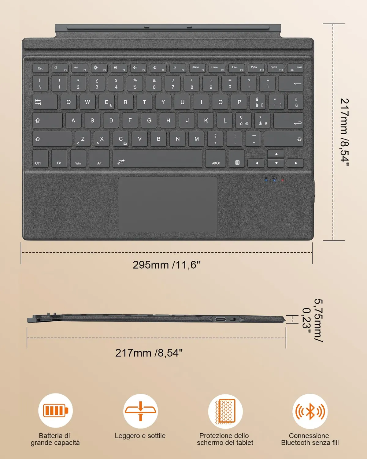 MoKo Surface Pro 7/6/5/4/3 tastiera italiana bluetooth grigio