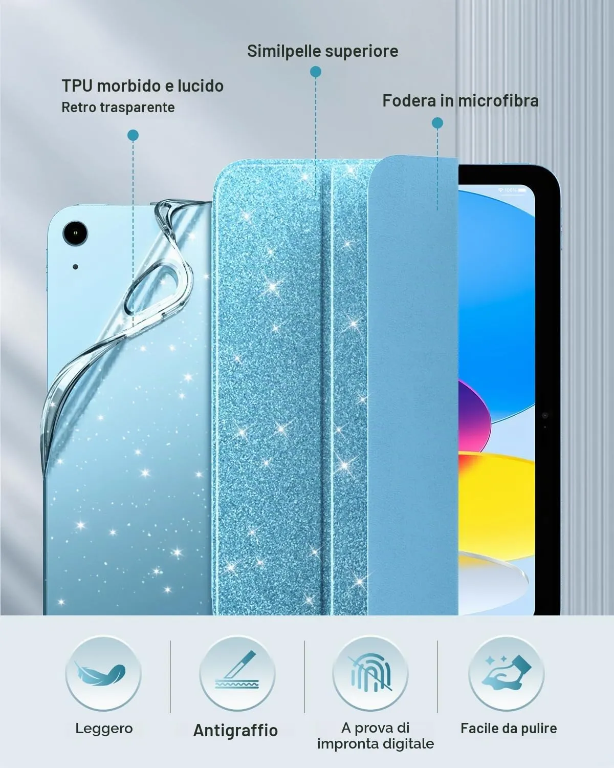 MoKo Cover iPad 11 10a Glitterato Blu Cielo TPU