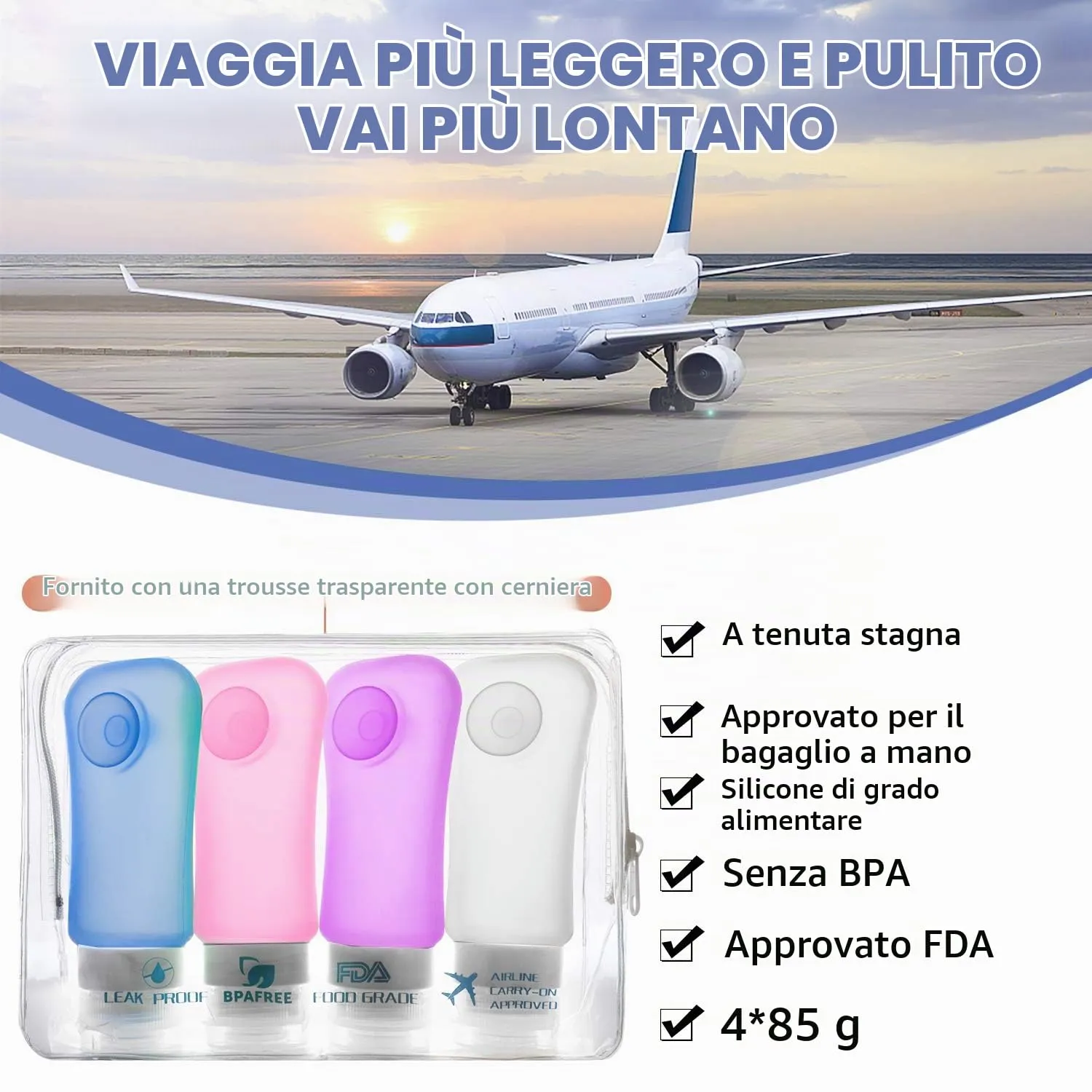 MoKo Bottiglie Viaggio Silicone 4x89ml Multicolore Spremibili
