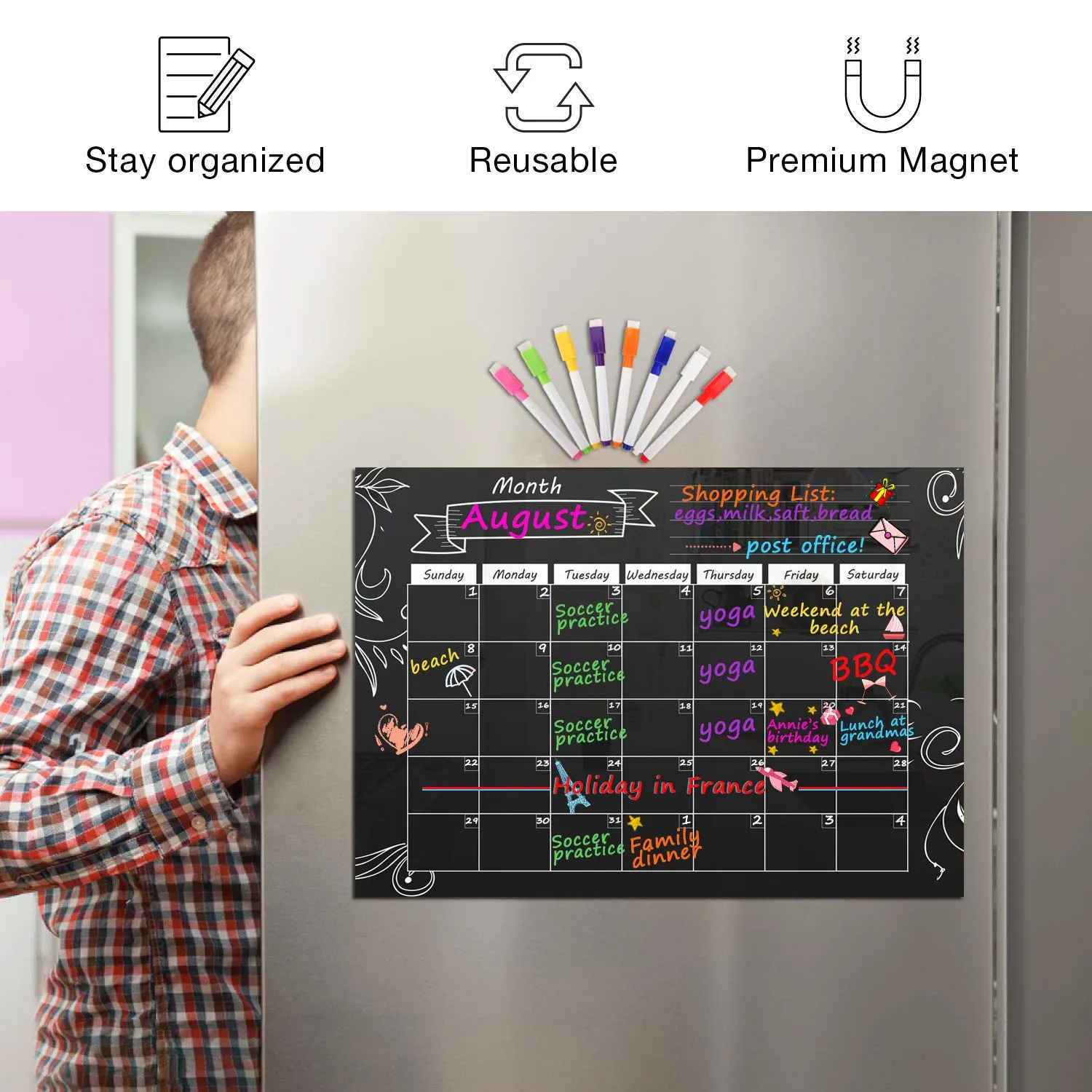 MoKo Calendario Magnetico Frigo Nero Mensile Riutilizzabile