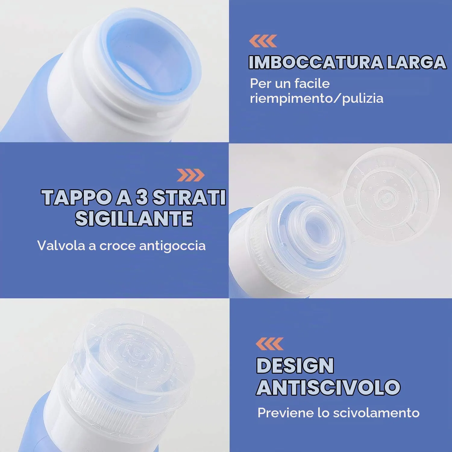 MoKo bottiglie viaggio silicone 89 ml set 4 pezzi BPA free
