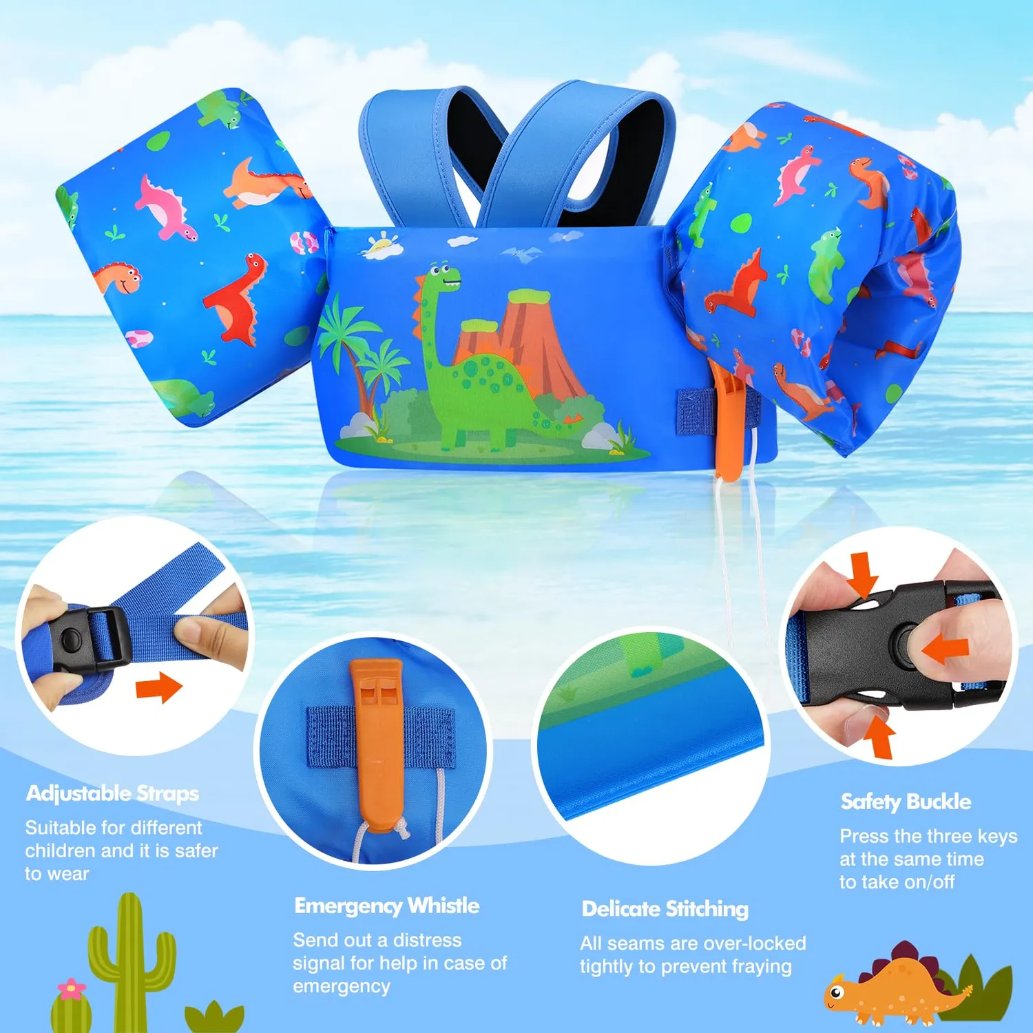 MoKo gilet nuoto bambini dinosauri blu 20-50lbs