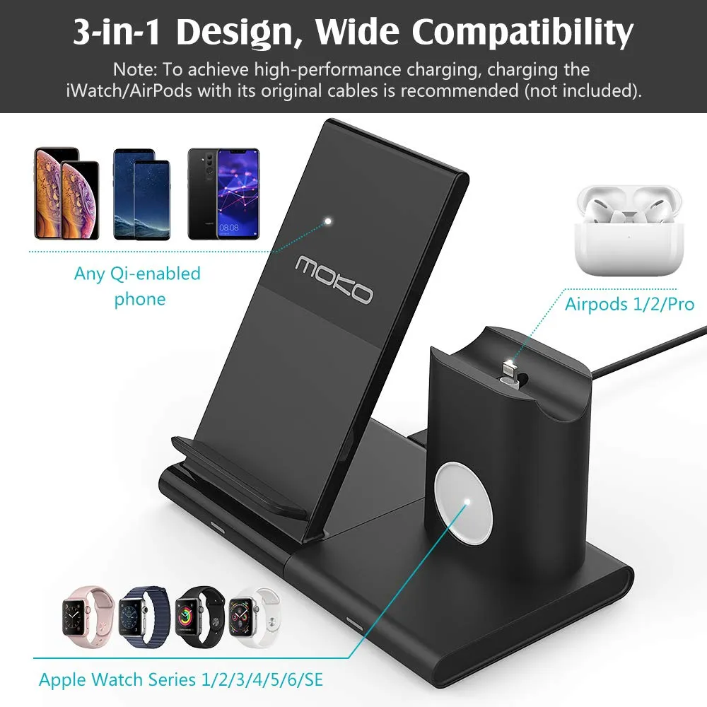 MoKo Stazione Ricarica Wireless 3in1 iPhone Watch AirPods QC3.0