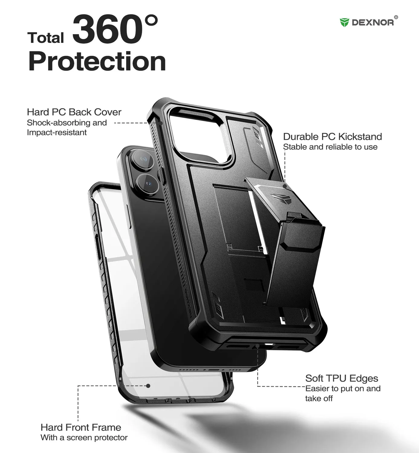 Dexnor iPhone 14 Pro Max cover nera anturto con stand