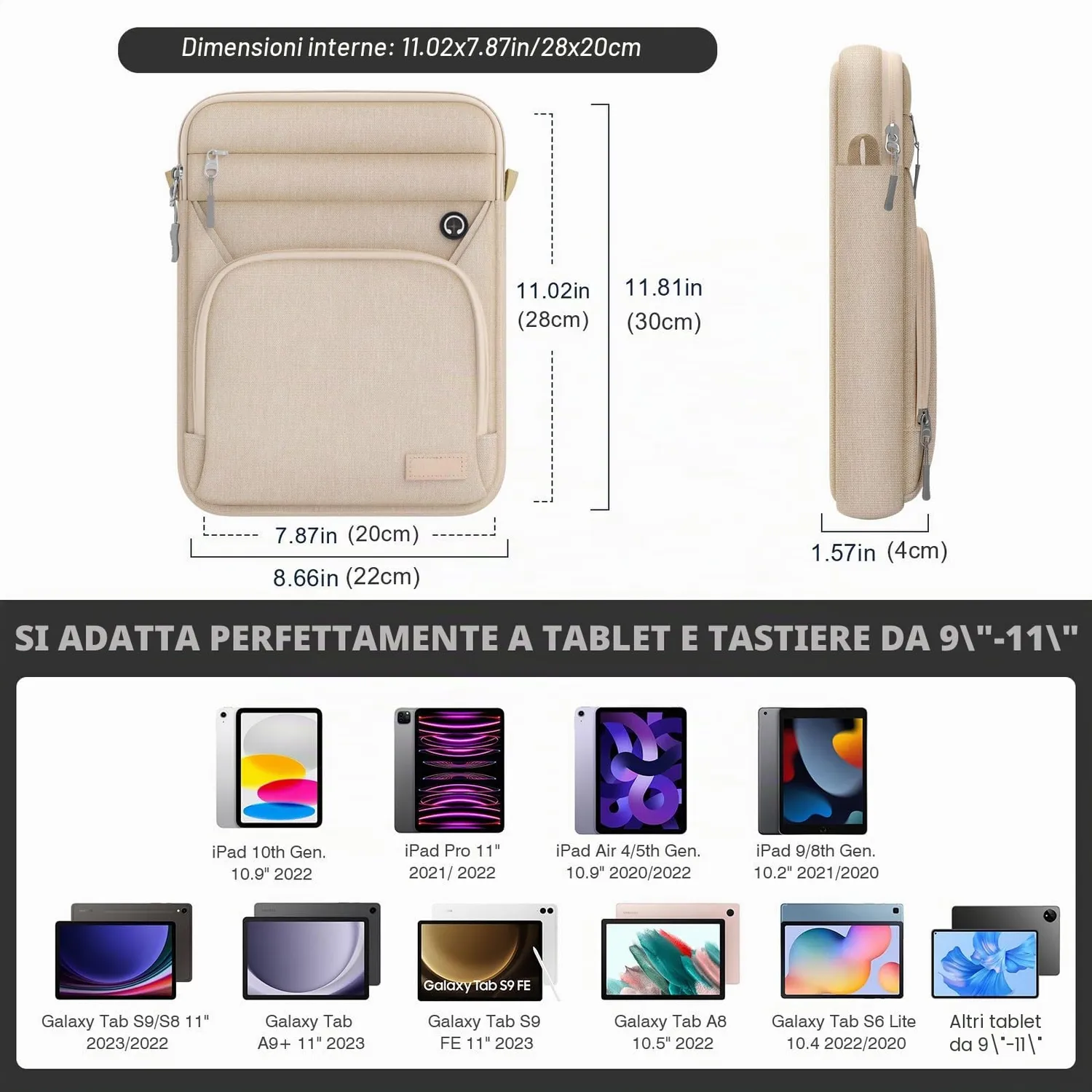 MoKo Borsa Tracolla Tablet 9-11 Pollici Sabbia Cuffie