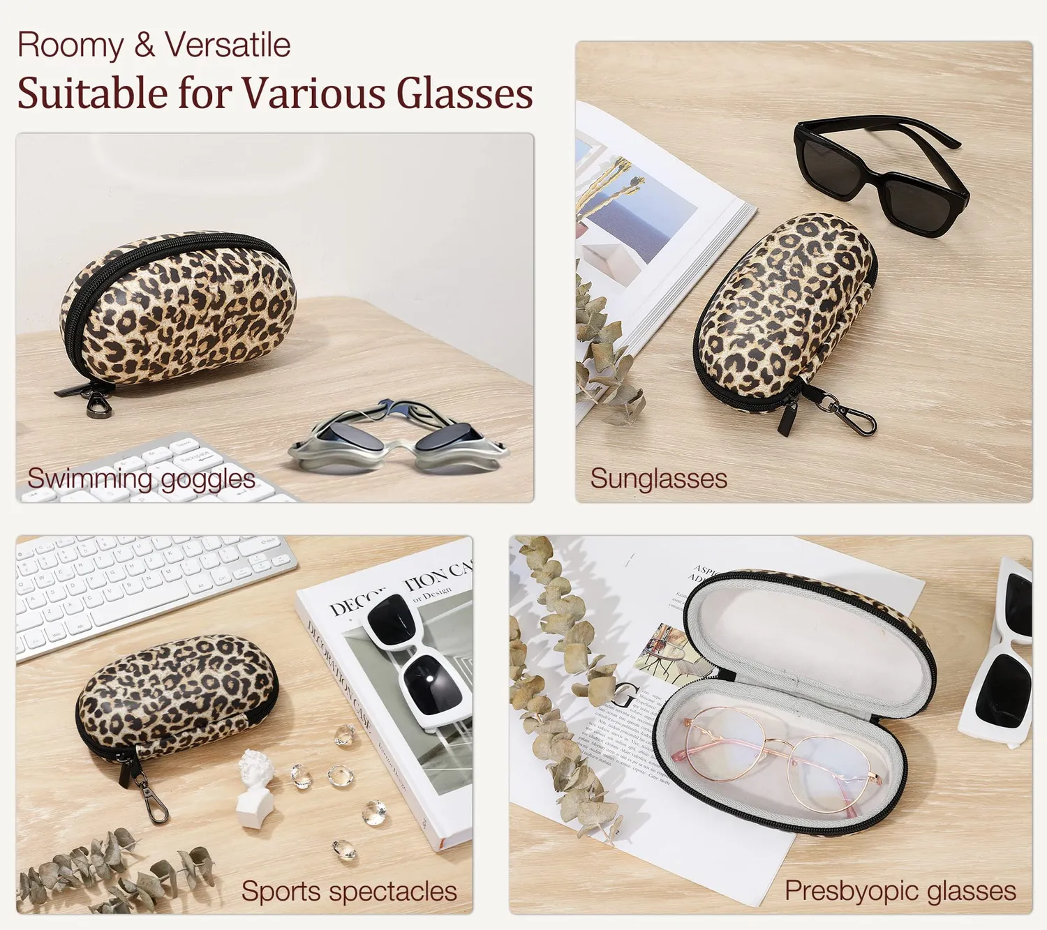 MoKo Custodia Occhiali Pelle con Zip Leopardo Universale