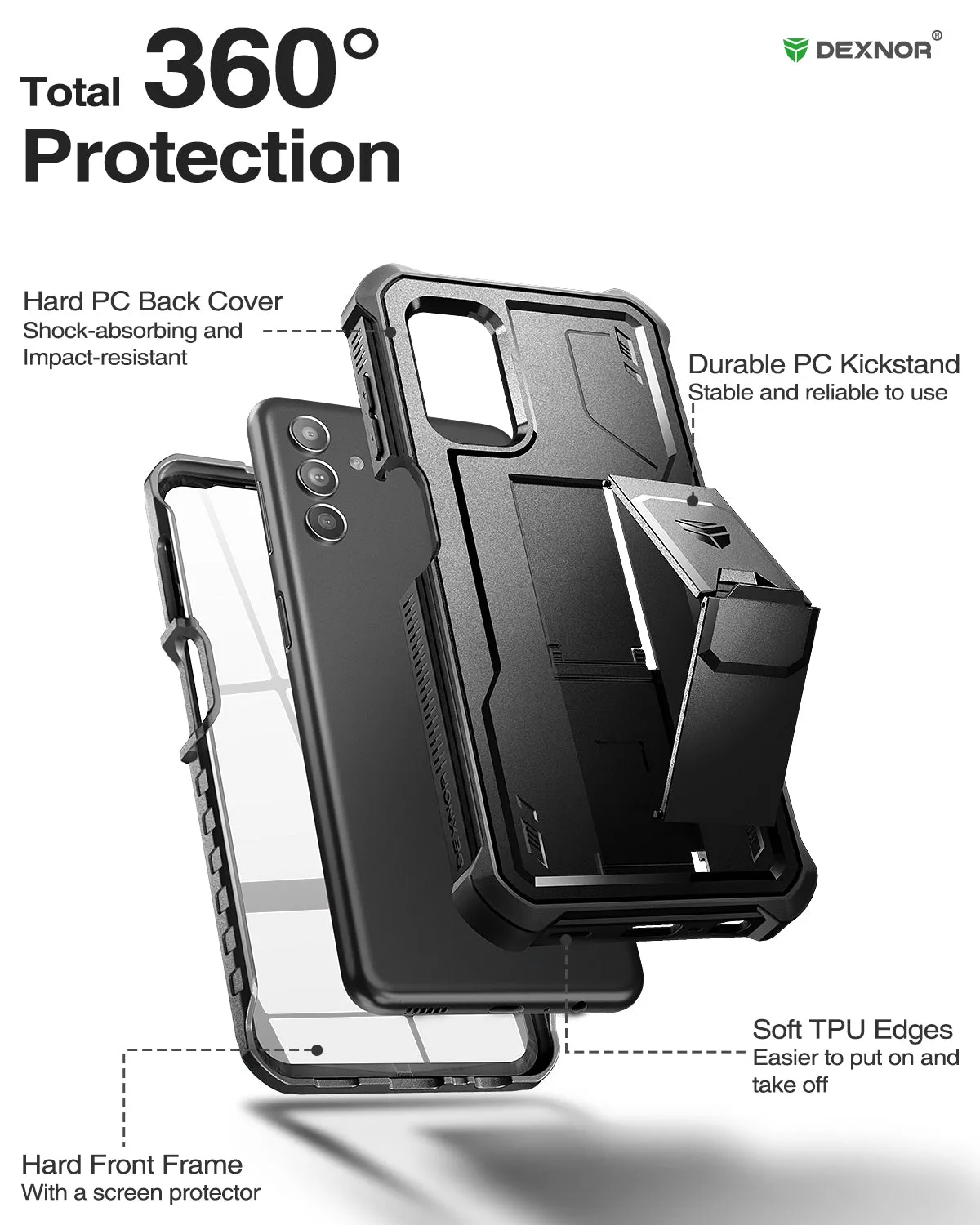 Dexnor per Galaxy A13 5G cover rugged nera con vetro kickstand