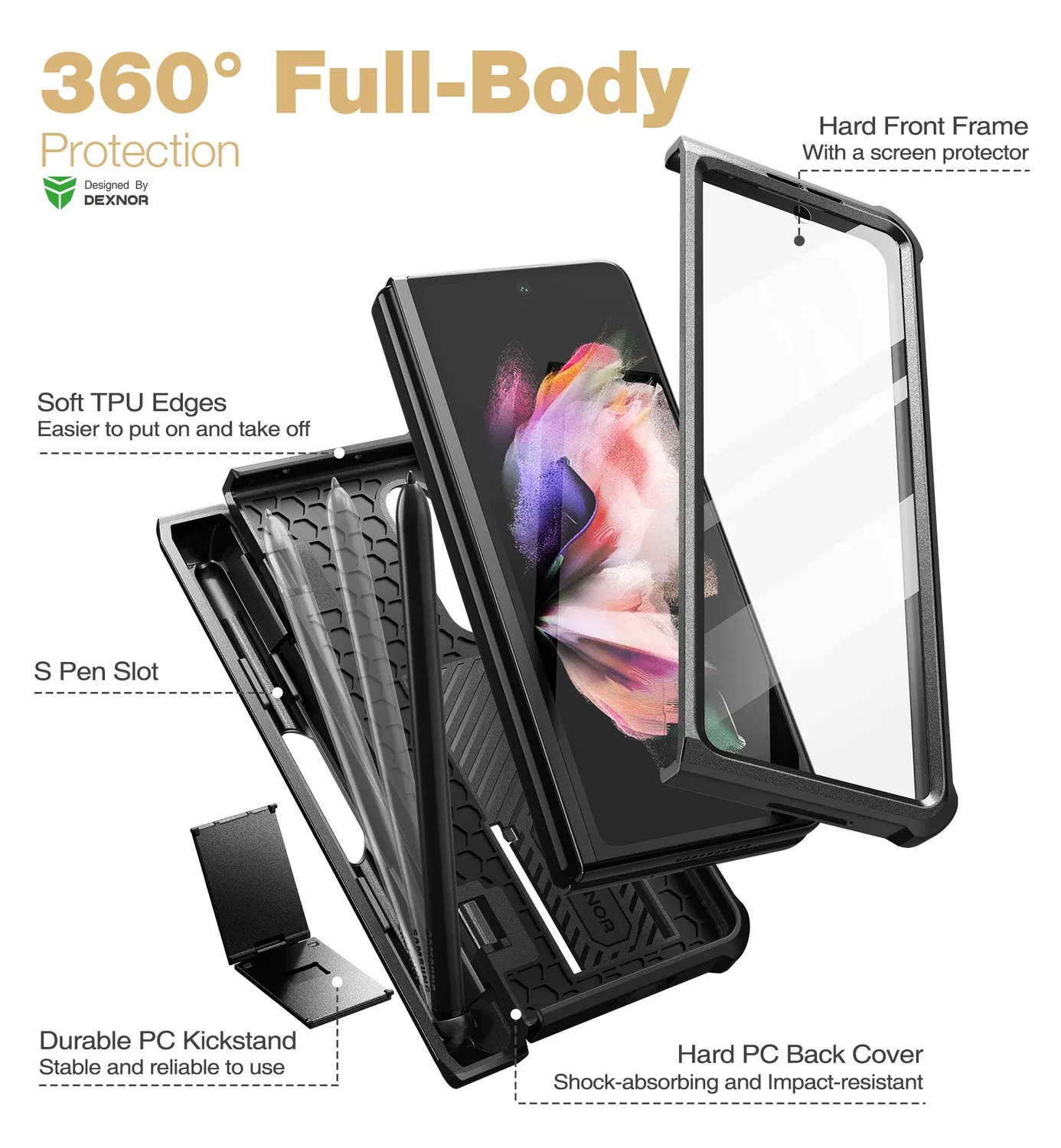 Dexnor Galaxy Z Fold 3 cover nera con cavalletto antiurto