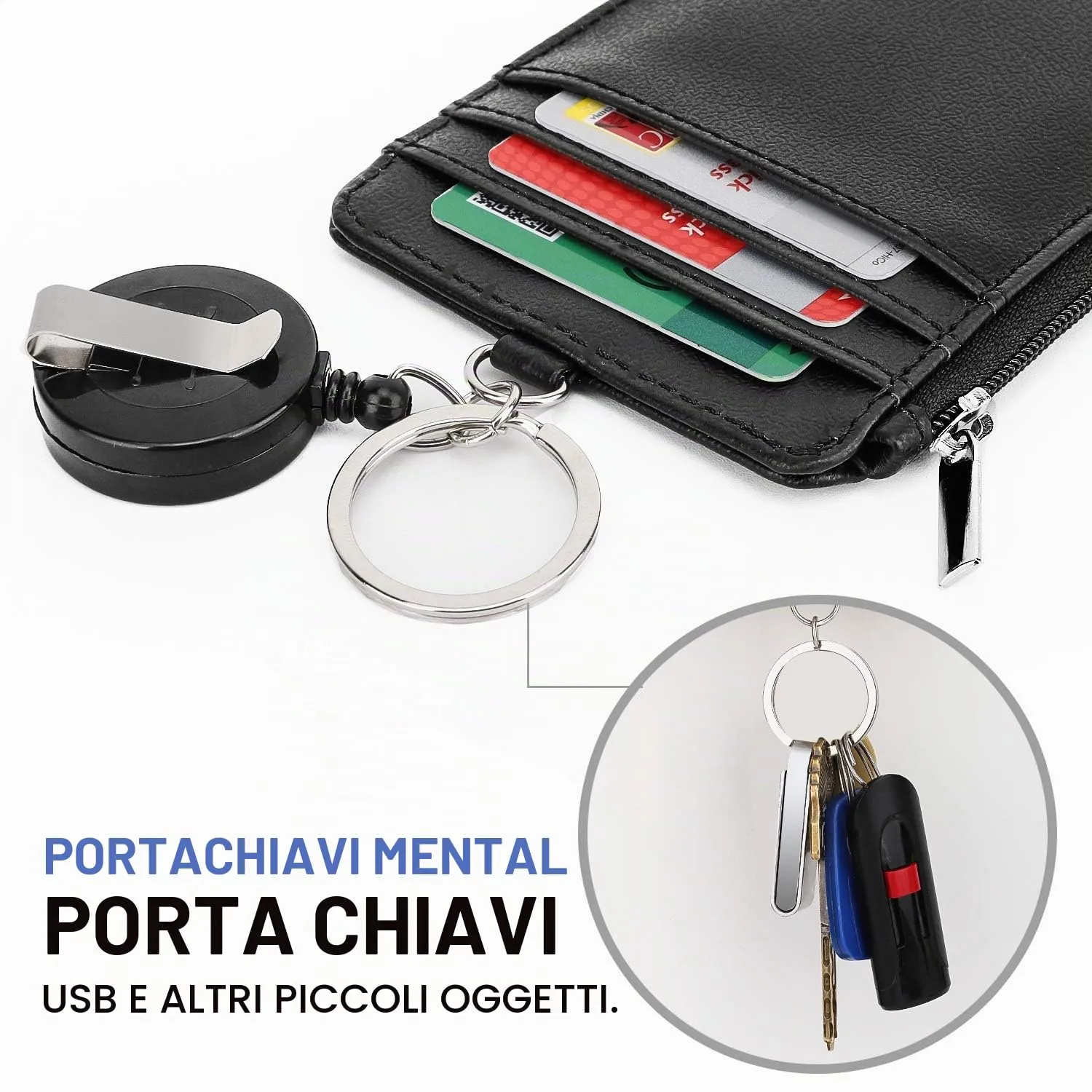 MoKo Porta badge pelle PU nero con zip retrattile