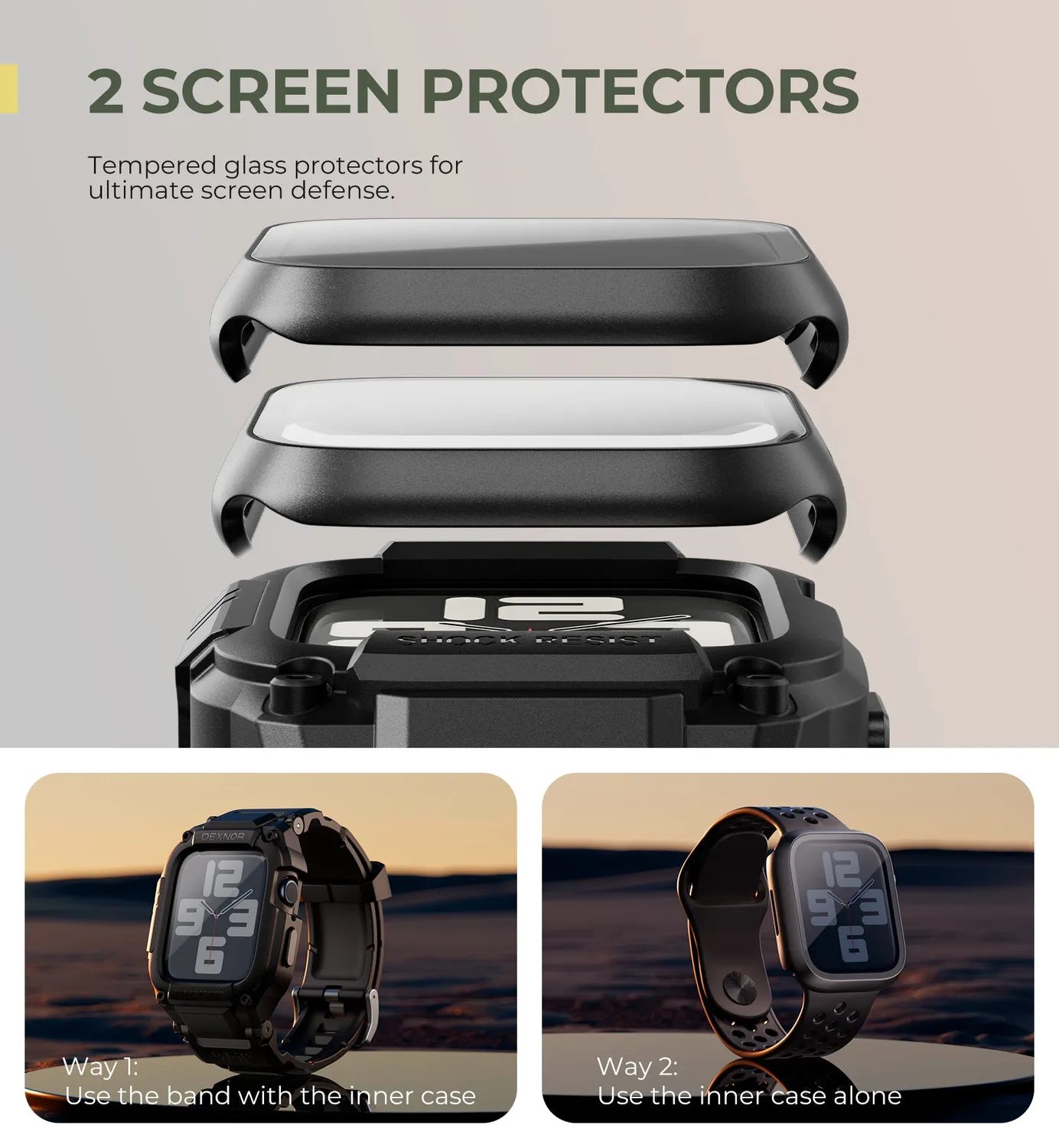 Dexnor Cinturino Cover Apple Watch 44mm Nero Vetro Temperato
