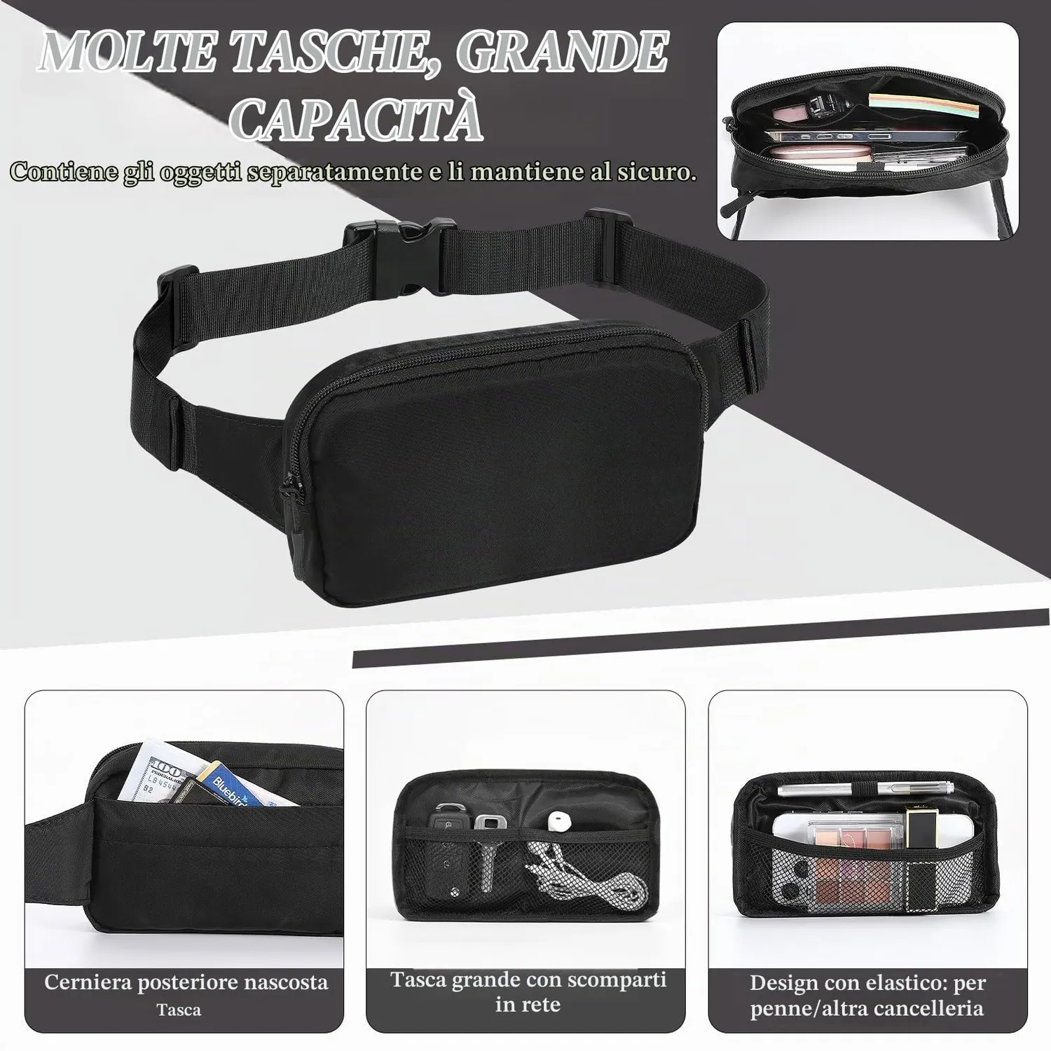 MoKo Marsupio Sportivo 3 Tasche Nylon Nero Impermeabile