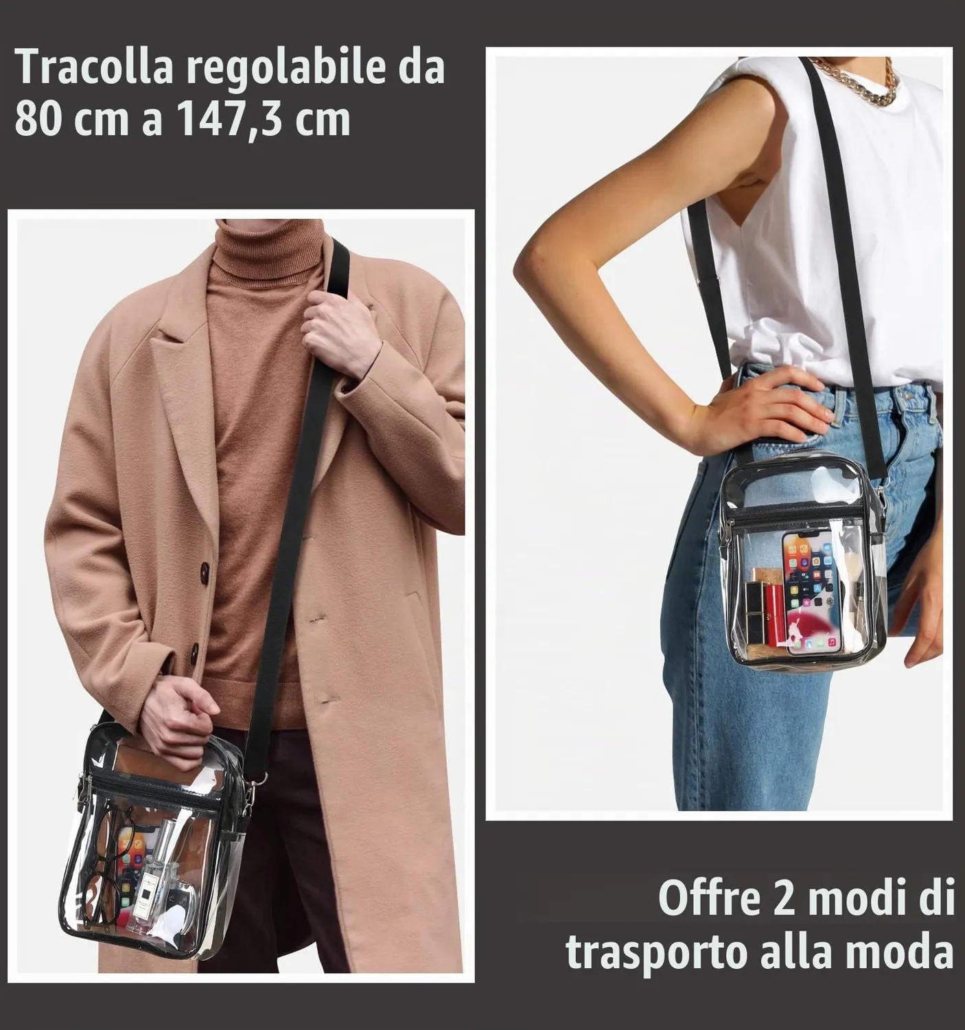 MoKo Borsa Tracolla Trasparente Nera 24x17cm PVC