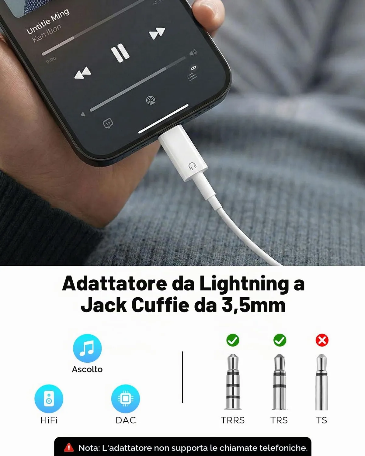 MoKo Adattatore Lightning Jack 3.5mm Solo Musica