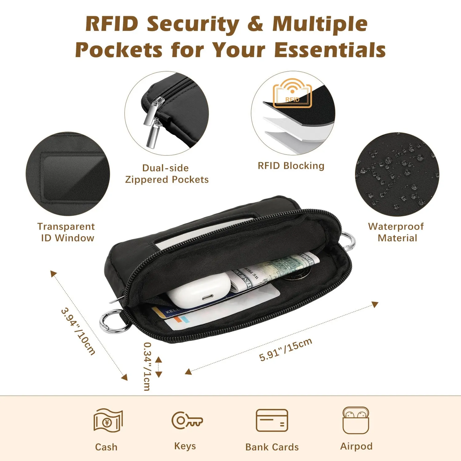 MoKo Laccio Cellulare Tracolla Nero con Portafoglio RFID