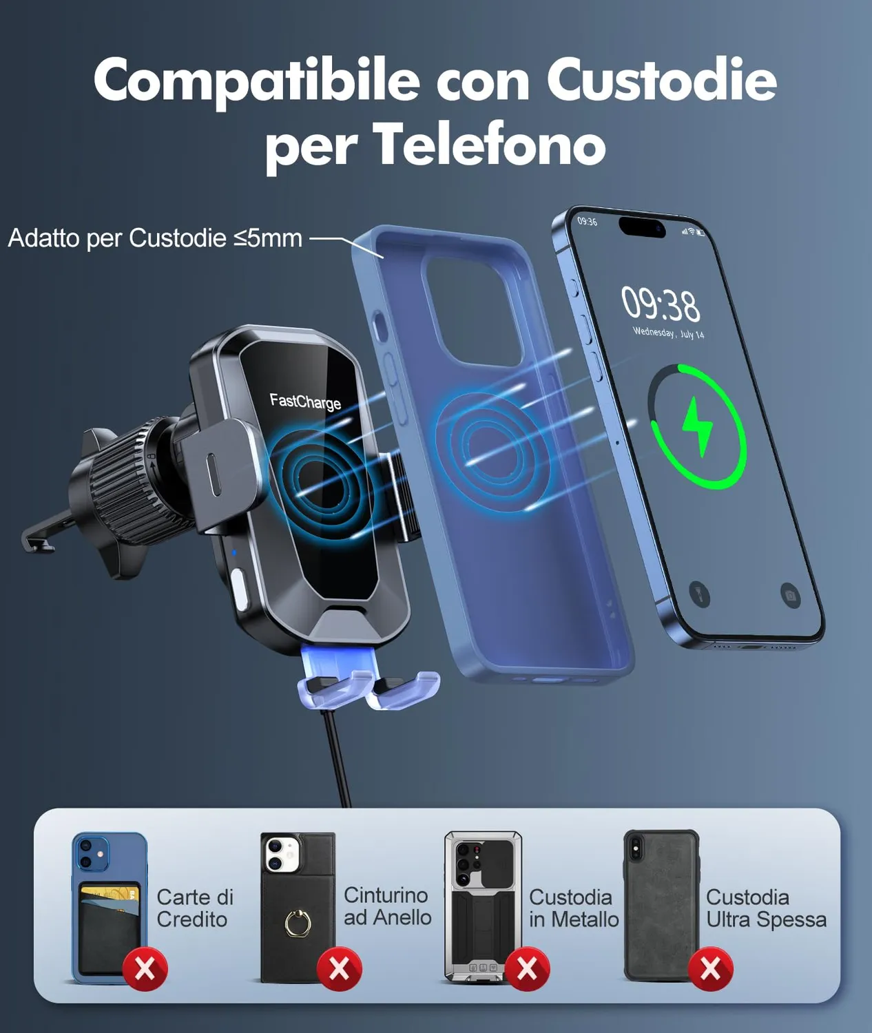 EOIWUY supporto auto ricarica wireless 15W 360°