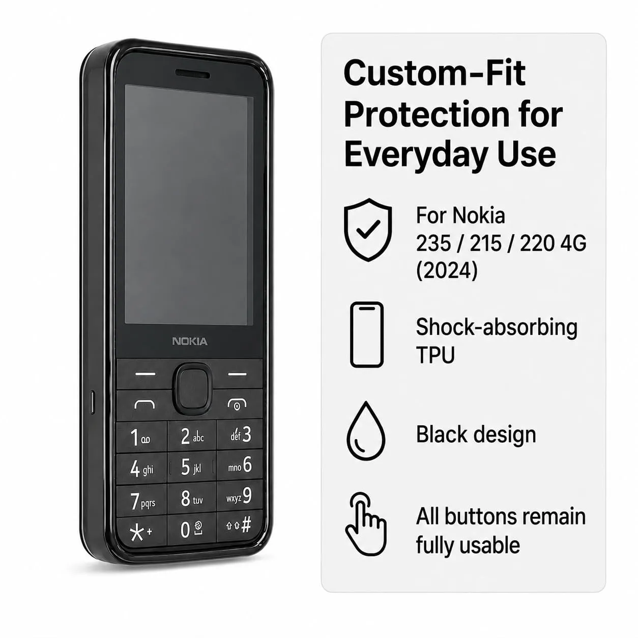 caseroxx per Nokia 235 215 220 4G cover TPU nera 2024