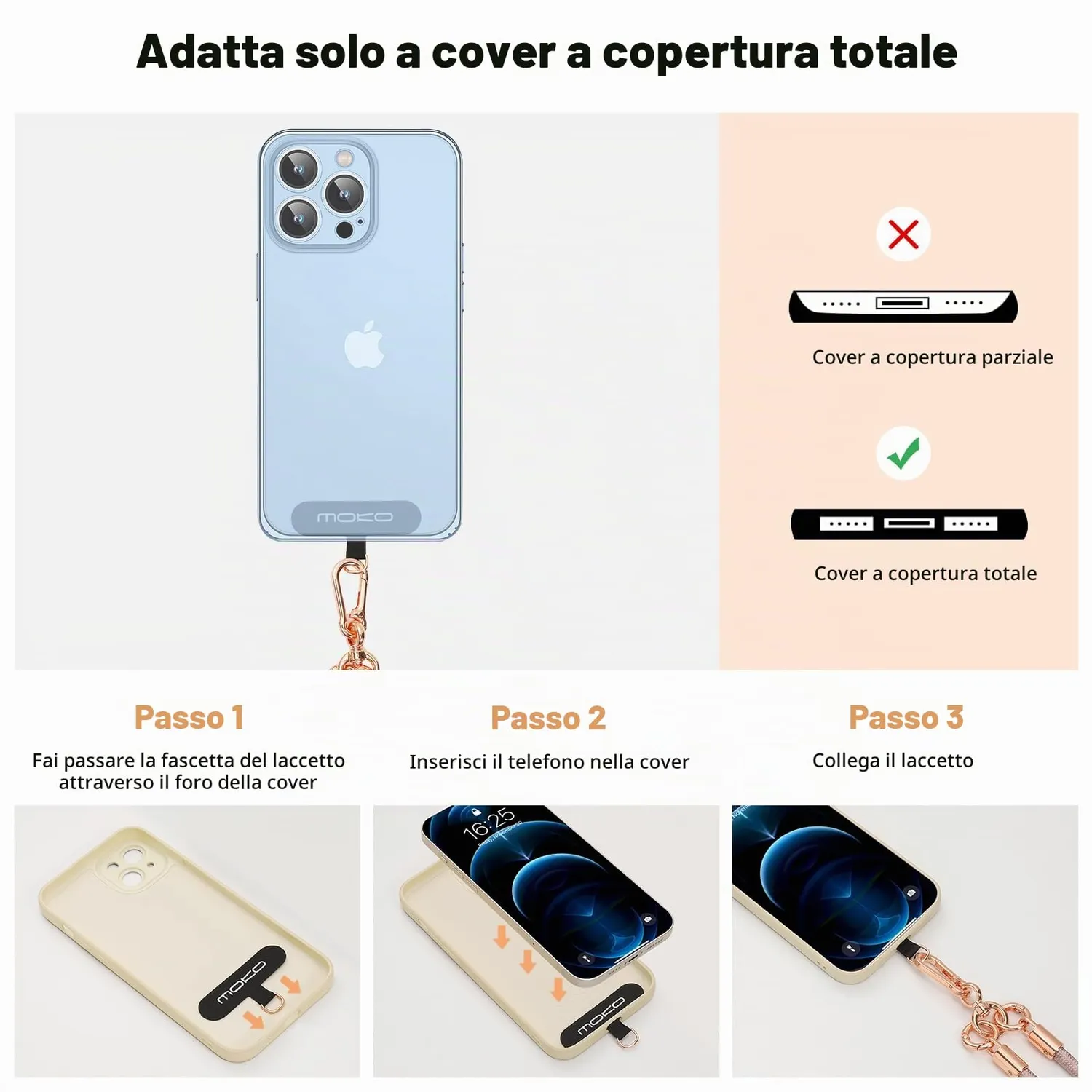MoKo Laccio per Cellulare a Tracolla Oro Rosa Regolabile