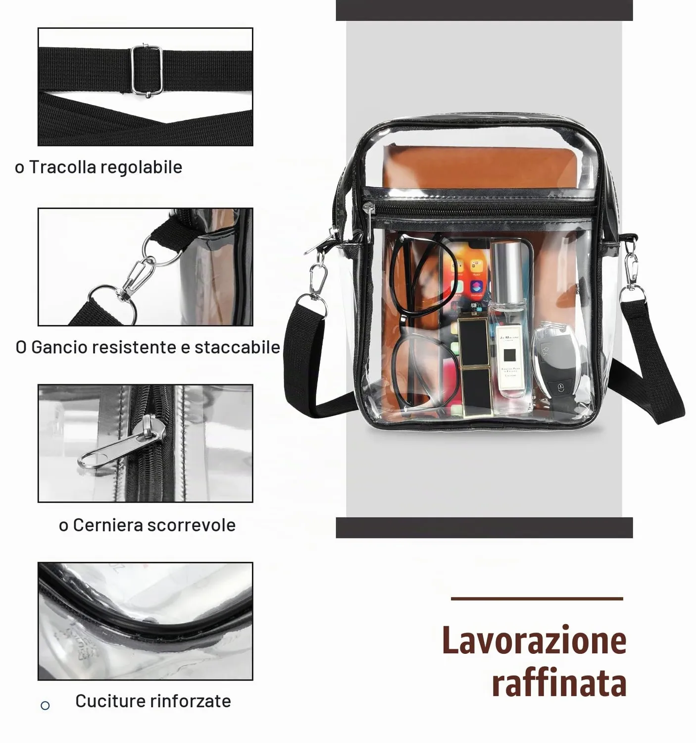 MoKo Borsa Tracolla Trasparente Nera 24x17cm PVC