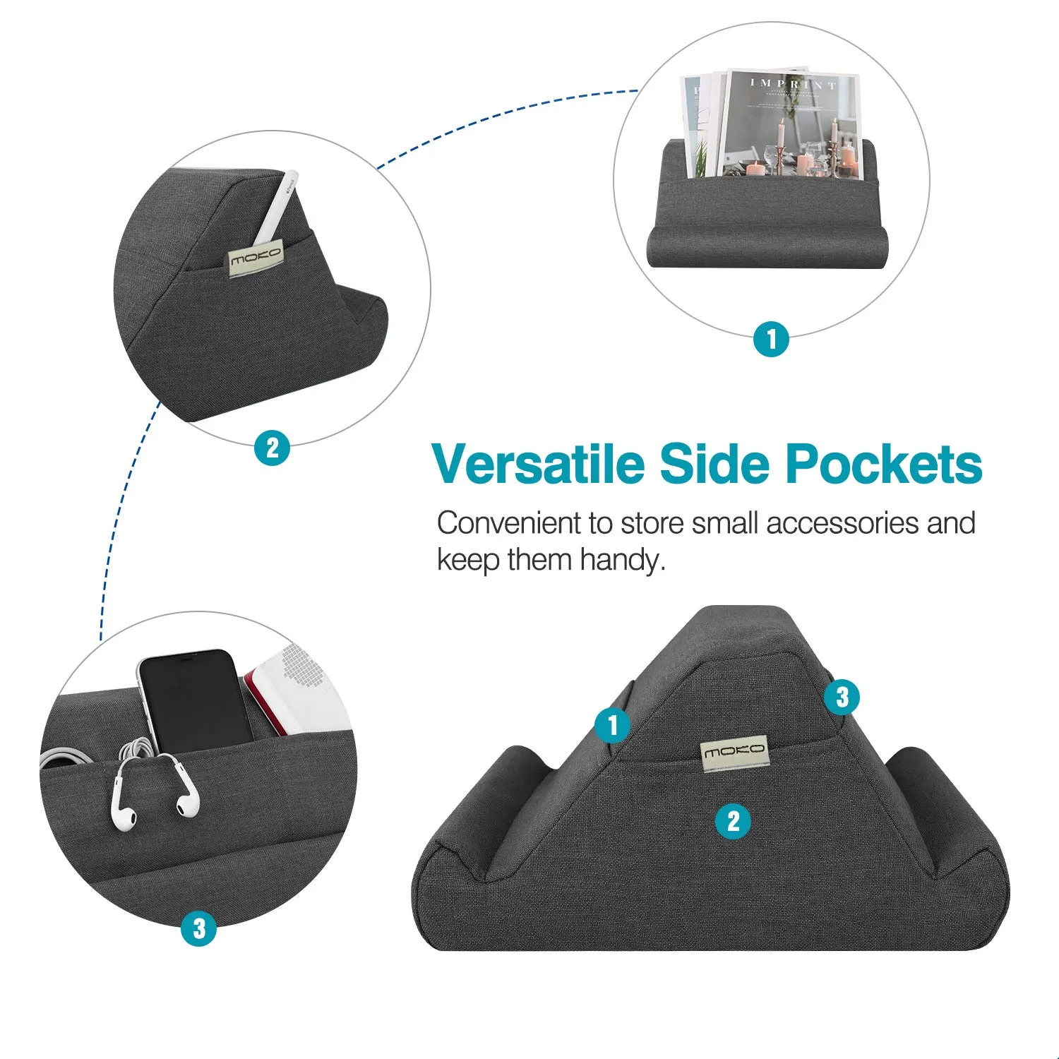 MoKo Supporto Tablet Cuscino Grigio Multi-Angolo Tasca