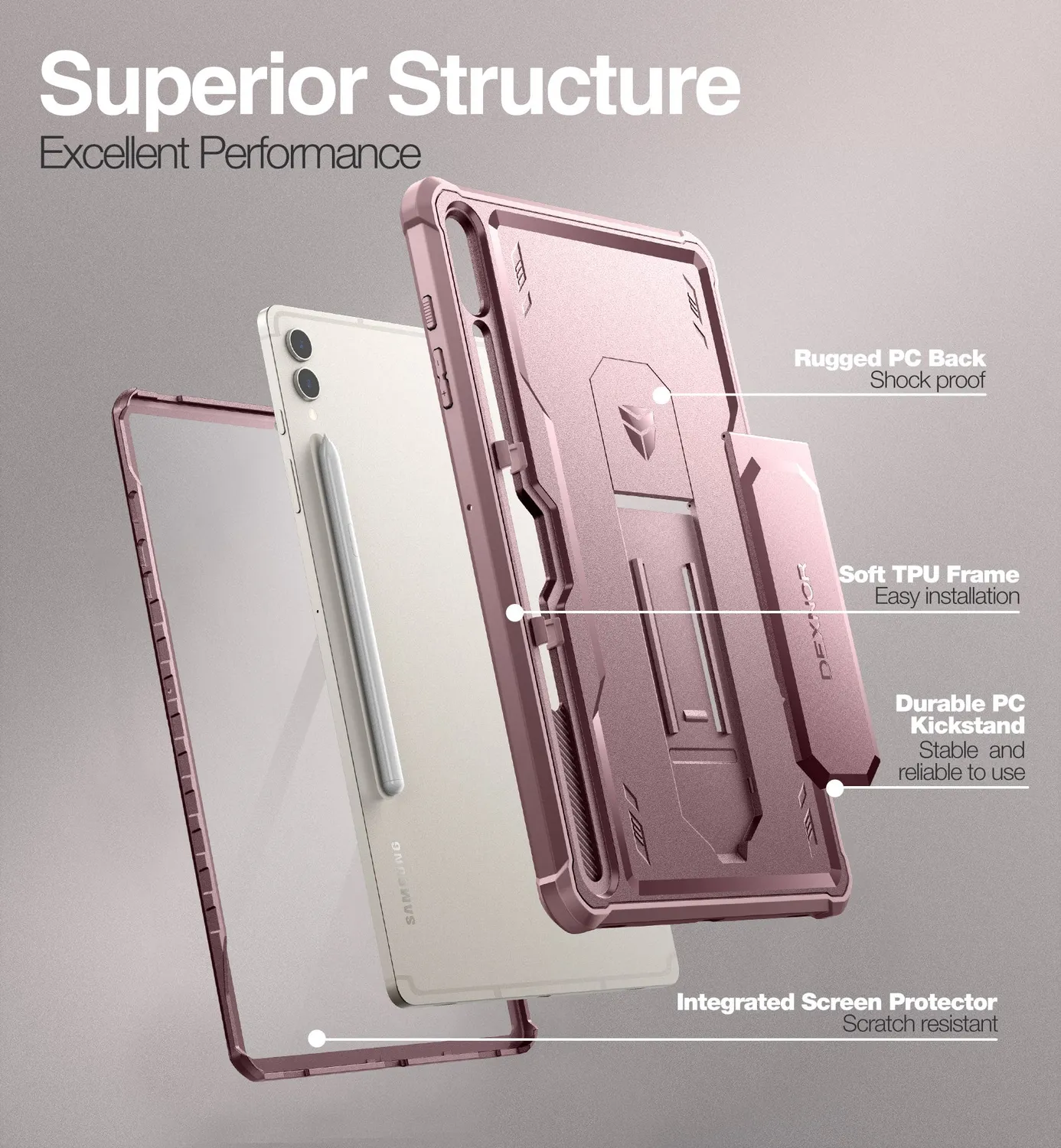 Dexnor Galaxy Tab S9 Plus custodia rugged rosa