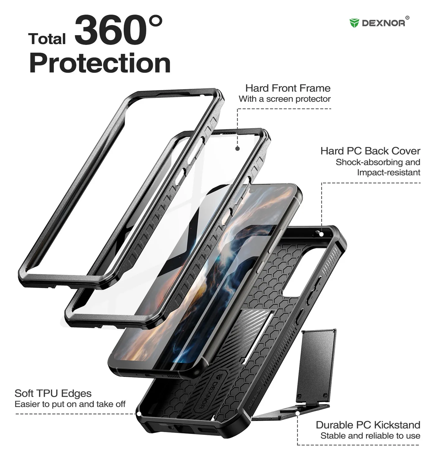 Dexnor Galaxy A34 5G cover nera kickstand vetri