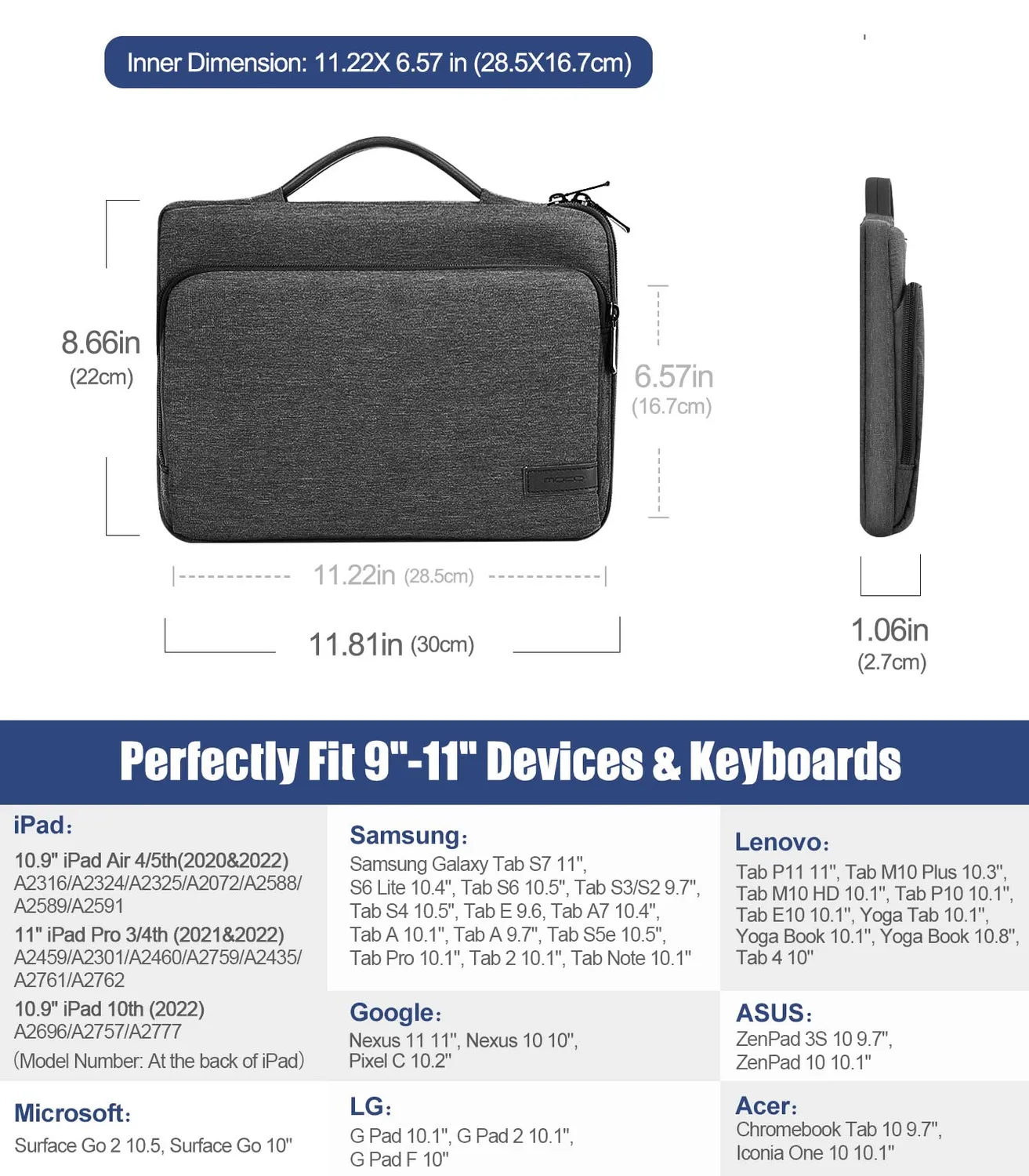 MoKo Borsa Tablet 9-11 Pollici Manico Nero Grigio