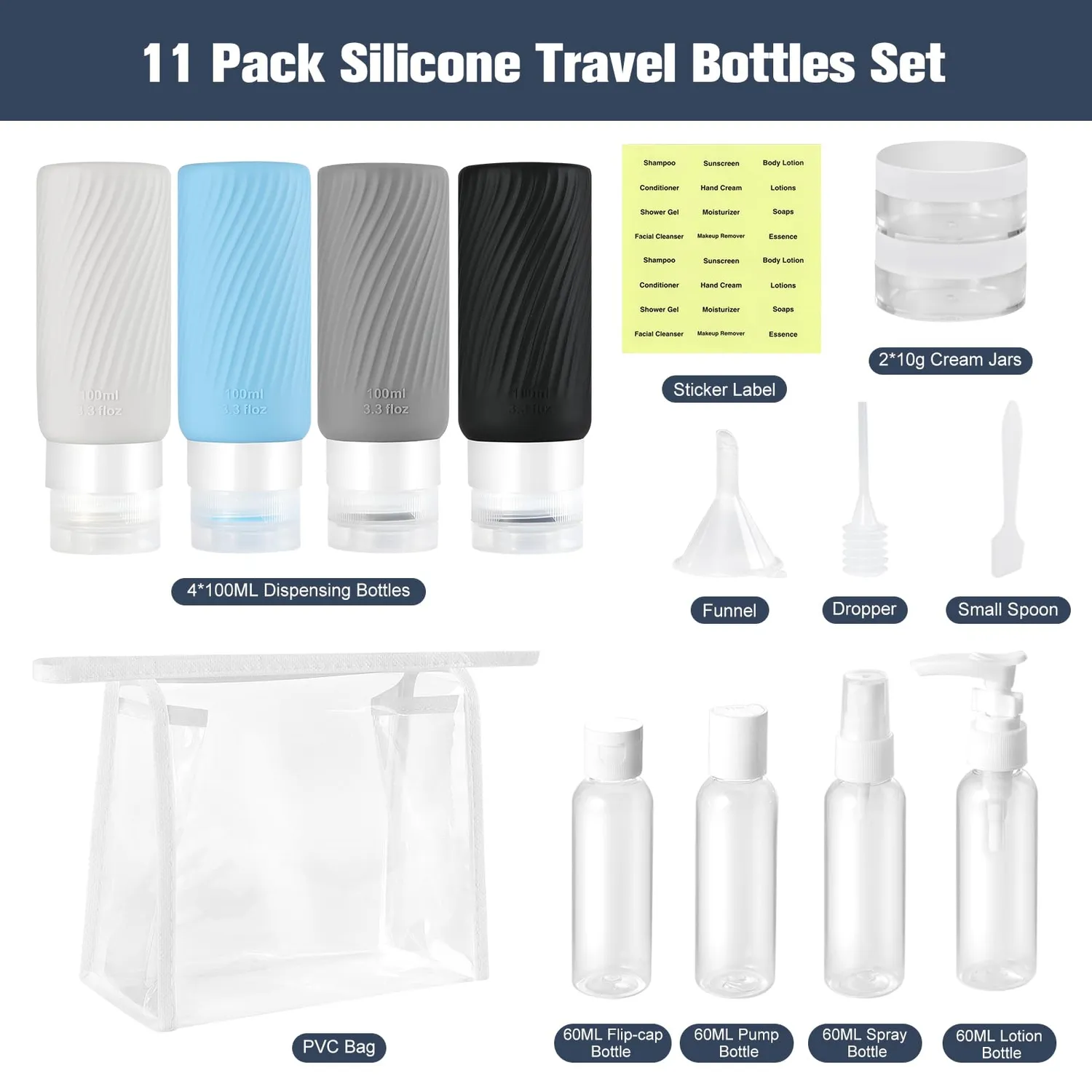 MoKo Kit Bottiglie Viaggio 15 Pezzi 100ml con Borsa