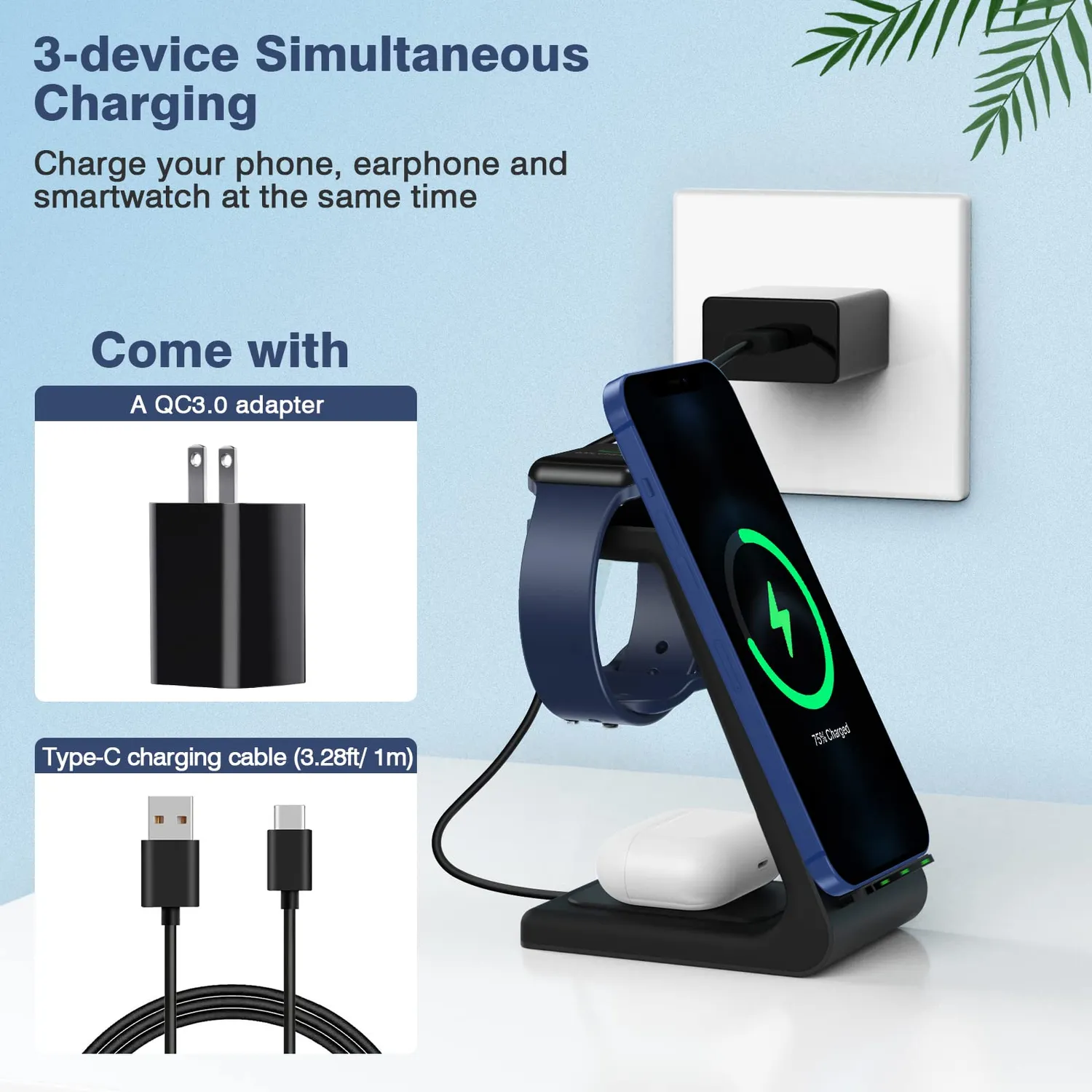 MoKo Stazione Ricarica Wireless 3 in 1 Qi Rapida con Adattatore