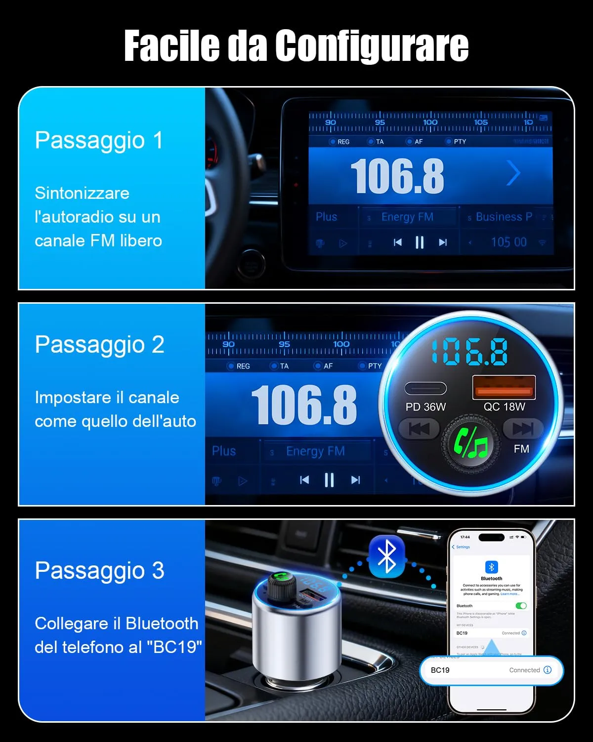 EOIWUY BC19 Trasmettitore FM Bluetooth Argento 54W