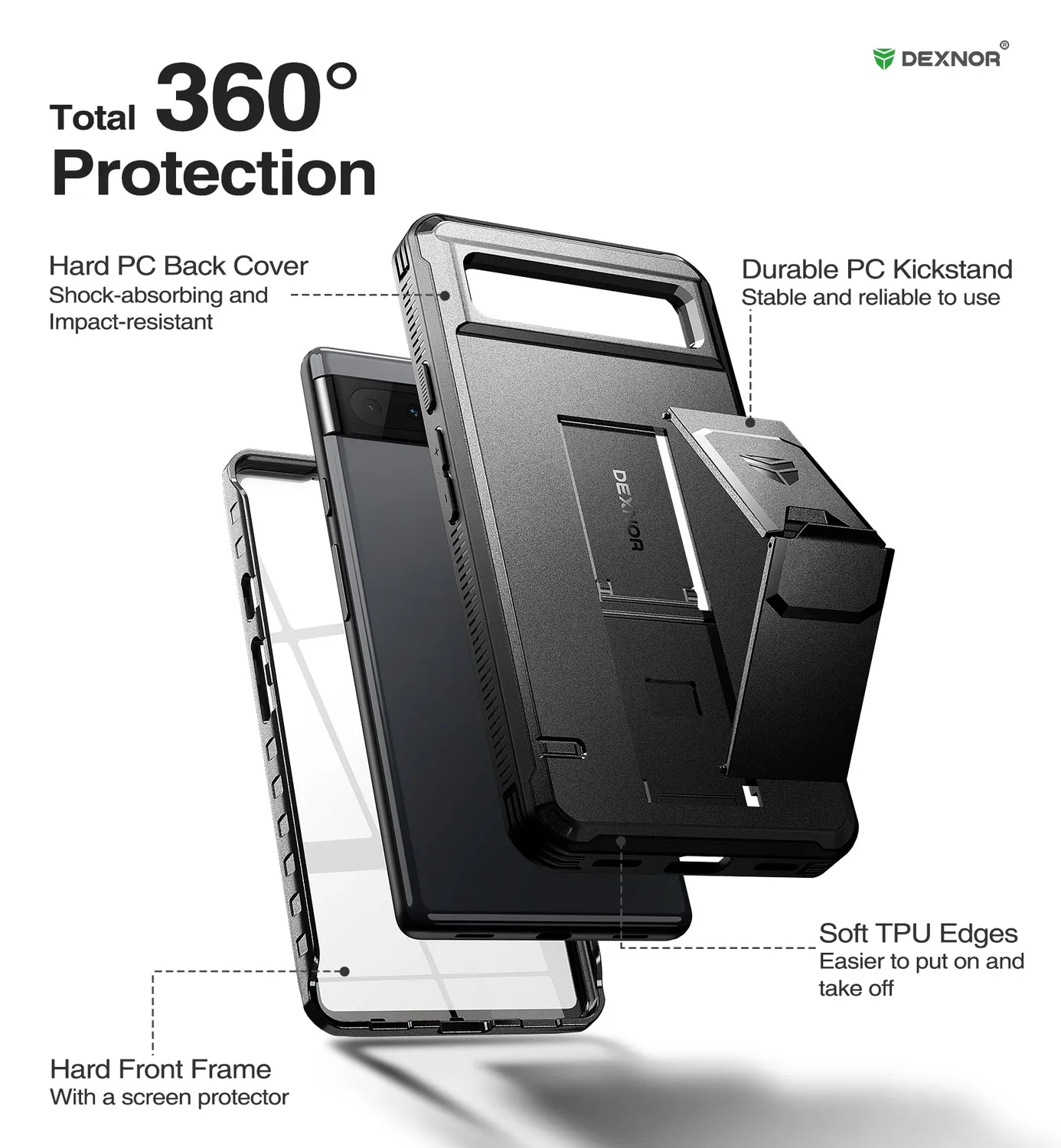 Dexnor Cover Pixel 6A Nera Antishock con Stand
